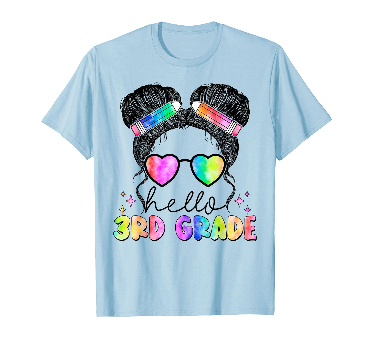 Messy Hair Bun Girl Back To School First Day Hello 3rd Grade T-Shirt