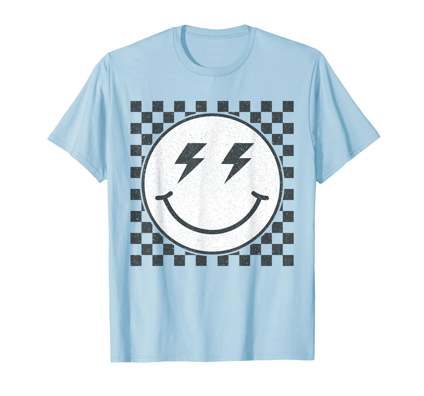 Retro Gray Happy Face Checkered Pattern Smile Face Trendy T-Shirt