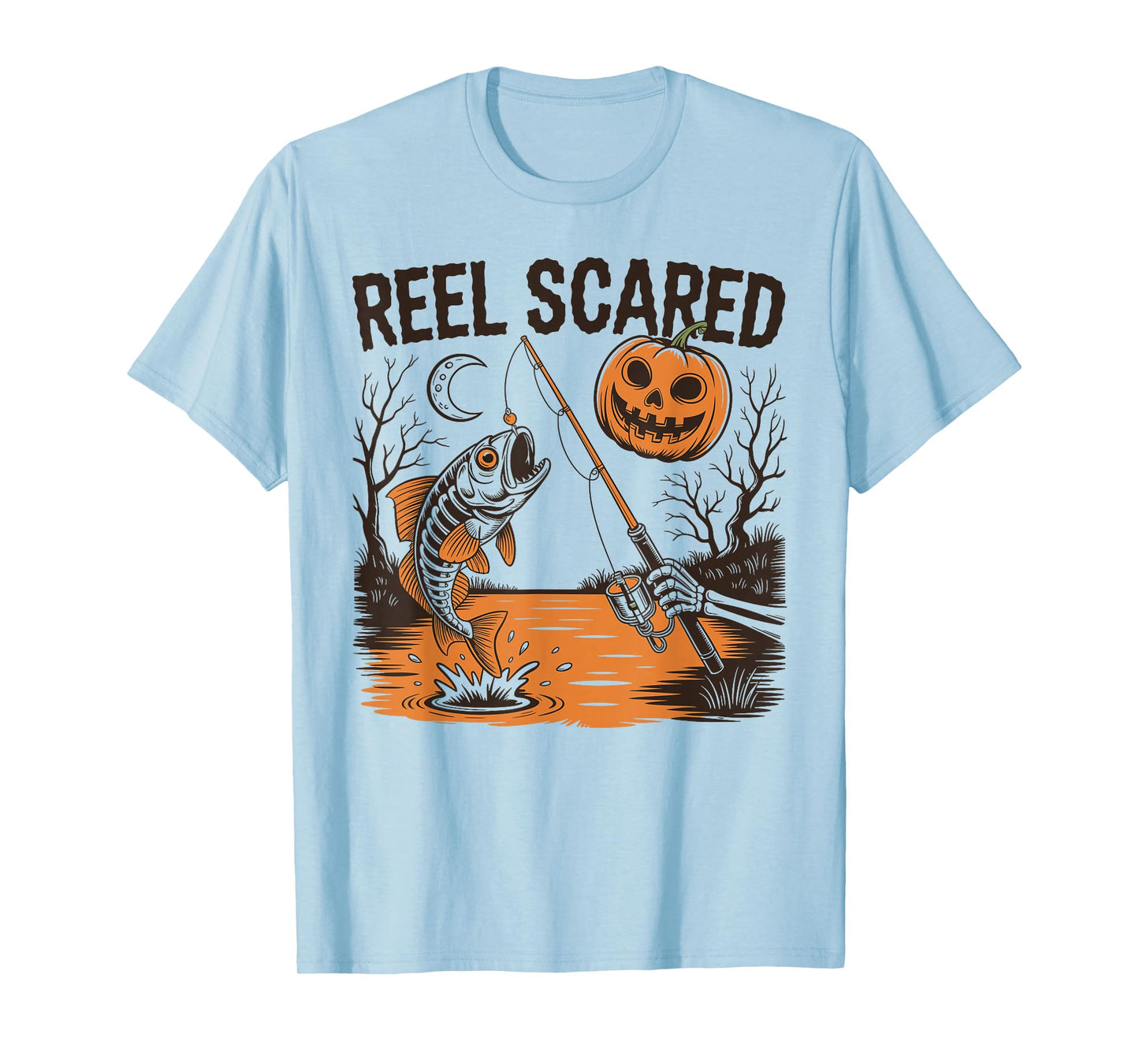 Reel Scared Halloween Fishing Skeleton Pumpkin Fish T-Shirt