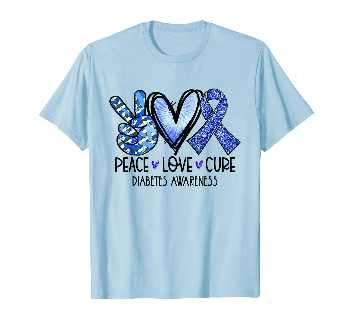 Peace Love Cure Type 1 Diabetes Awareness T1D Blue Ribbon T-Shirt