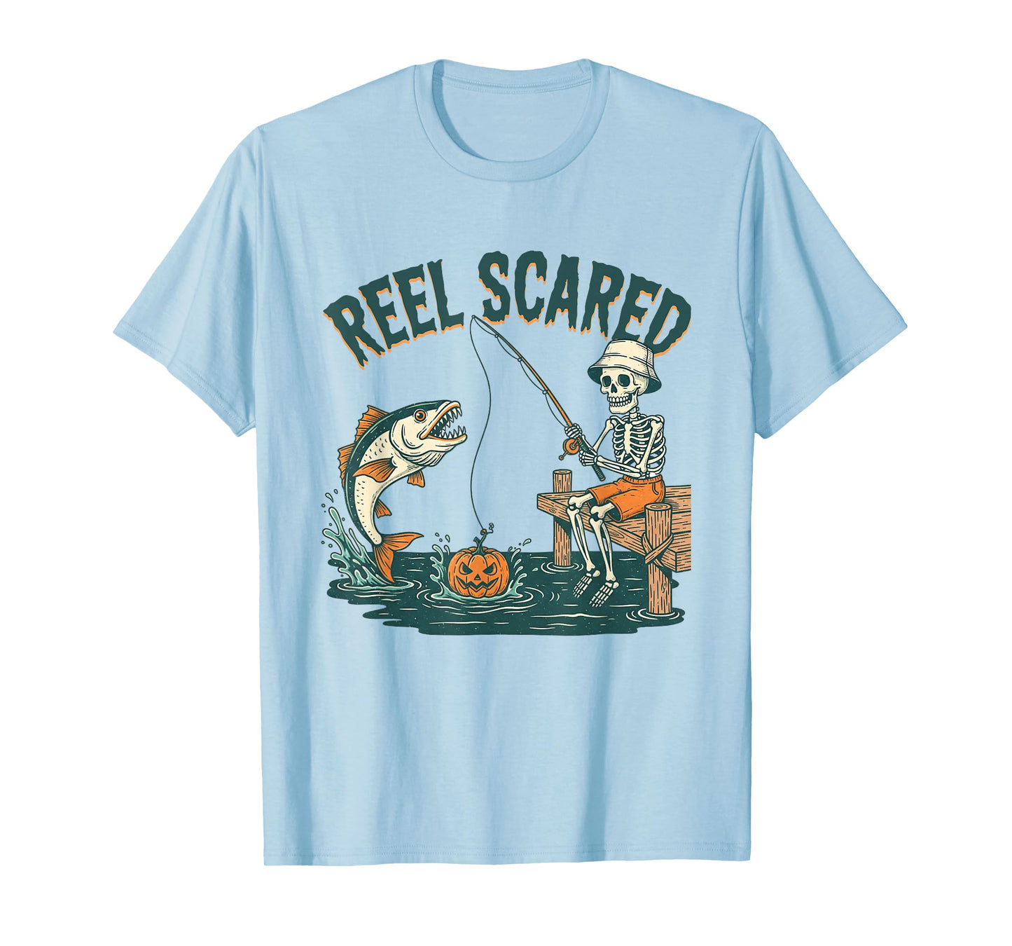 Reel Scared Funny Skeleton Fishing Dad Men Halloween Costume T-Shirt