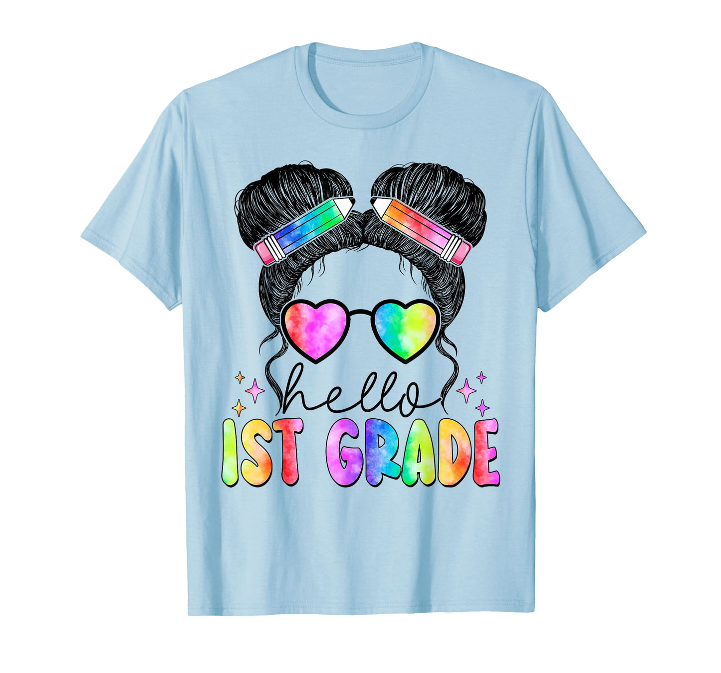 Messy Hair Bun Girl Back To School First Day Hello 1st Grade T-Shirt