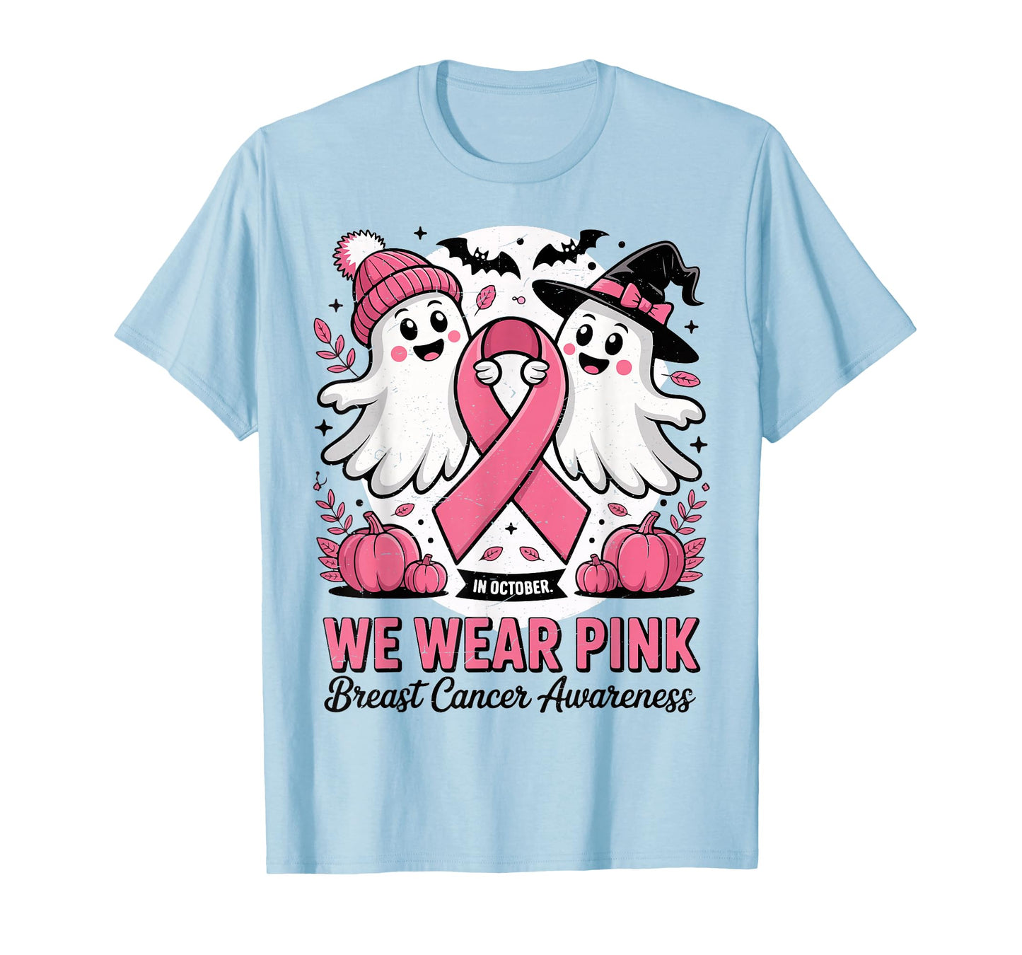 in October We Wear Pink Ghost Witch Breast Cancer Awareness T-Shirt