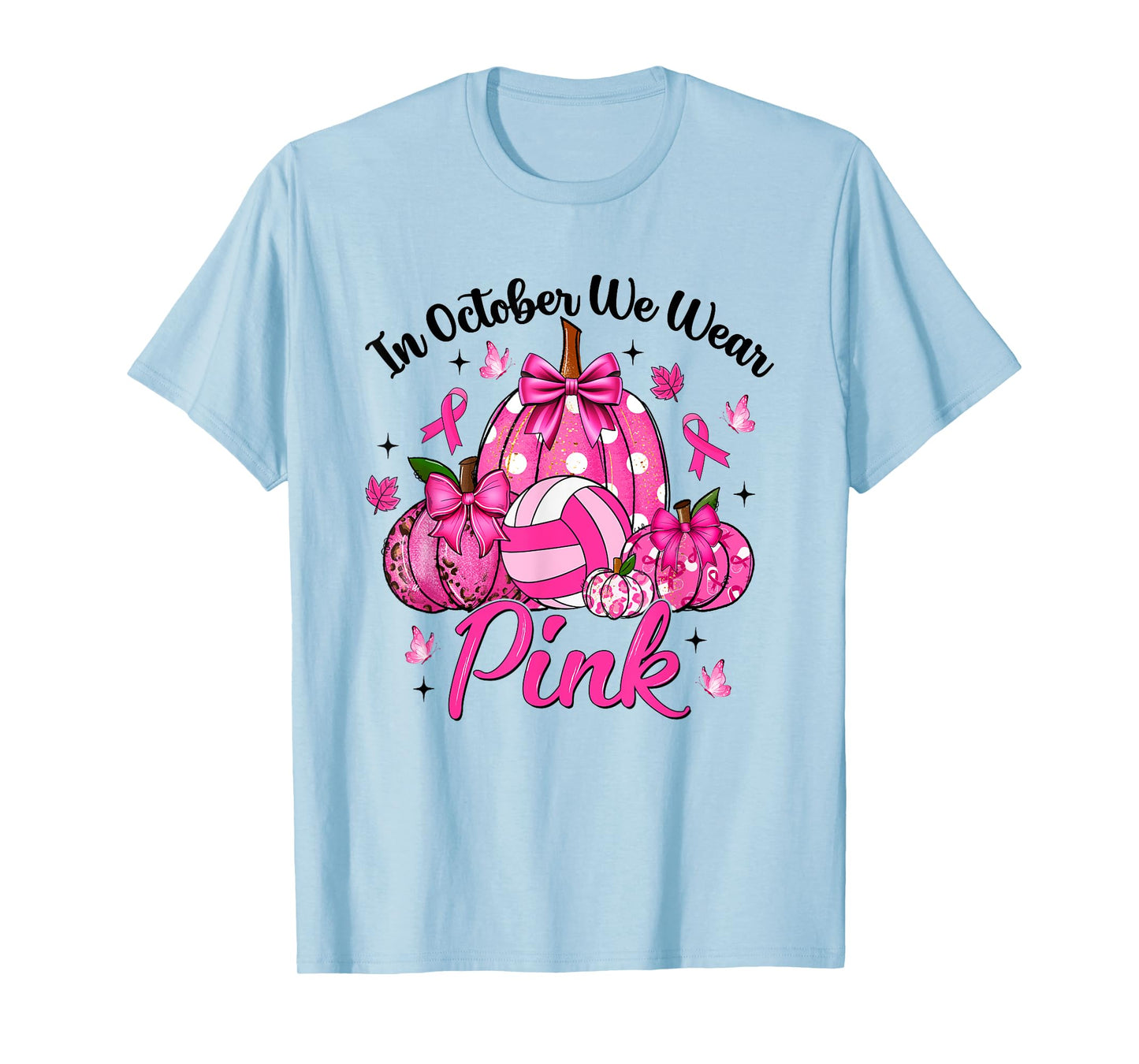 in October We Wear Pink Volleyball Pumpkin Breast Cancer T-Shirt