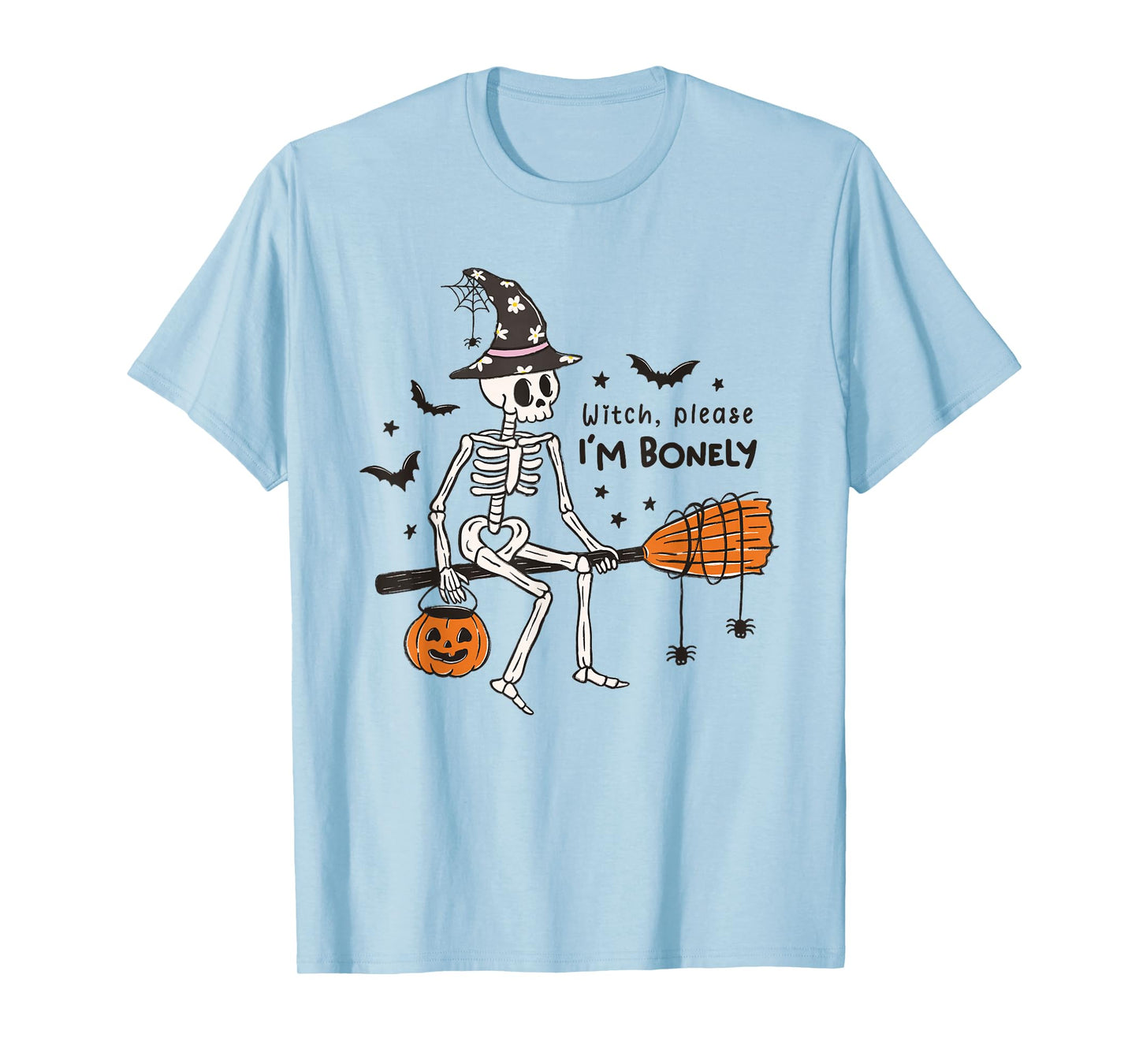 Funny Skeleton Witch Broom Halloween Trick or Treat Costume T-Shirt