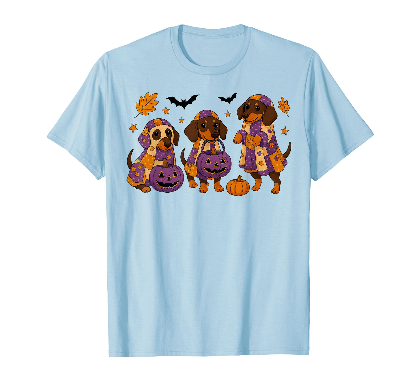 Retro Patchwork Dachshund Dog Ghosts Pumpkins Halloween Kids T-Shirt