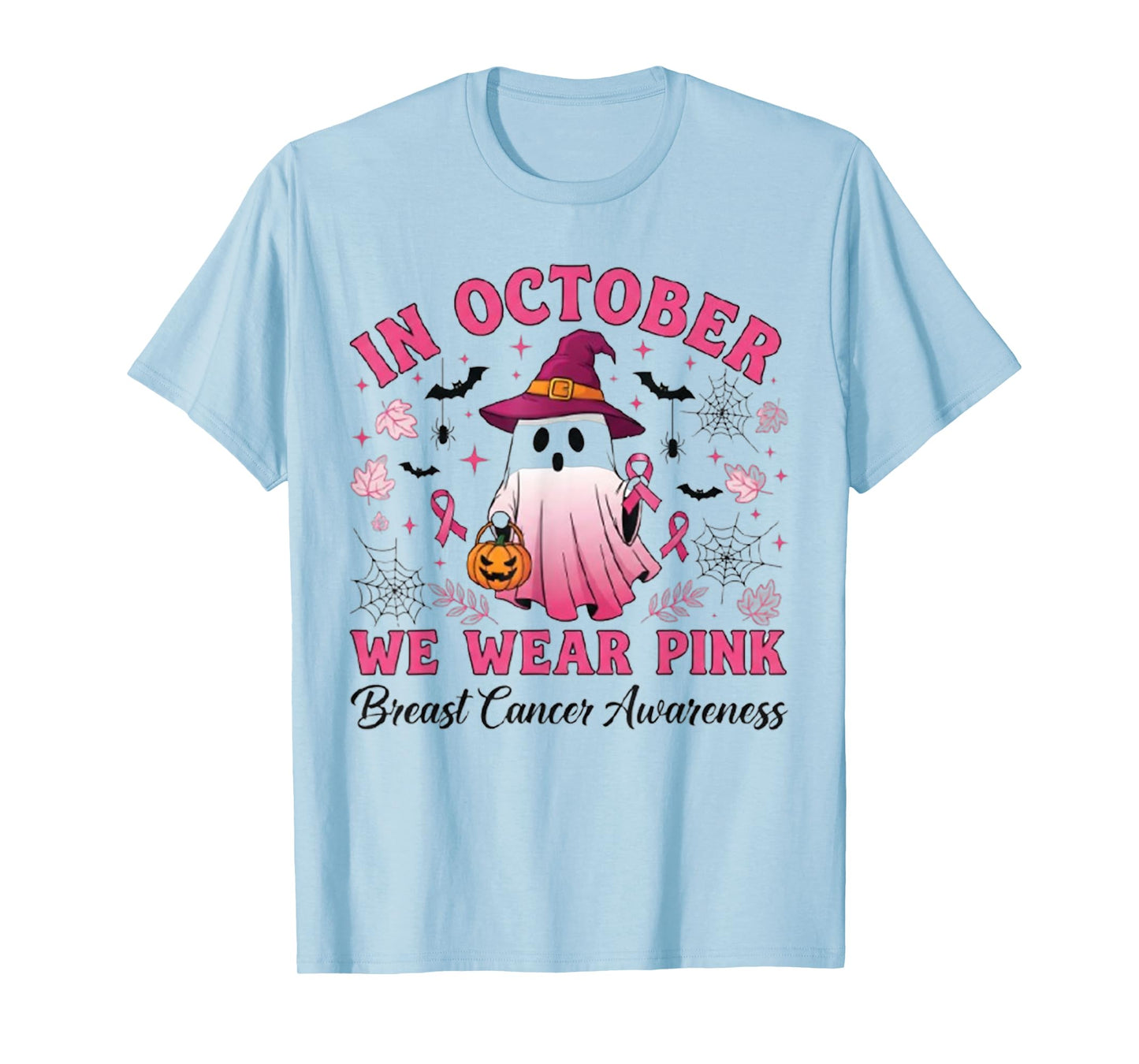 In October We Wear Pink Ghost Witch Breast Cancer Awareness T-Shirt