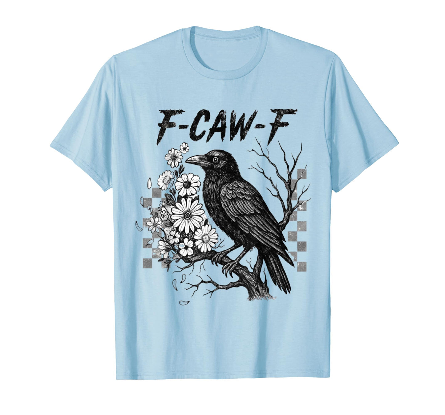 F-Caw-F Black Crow Bird Boho Floral Checkered T-Shirt