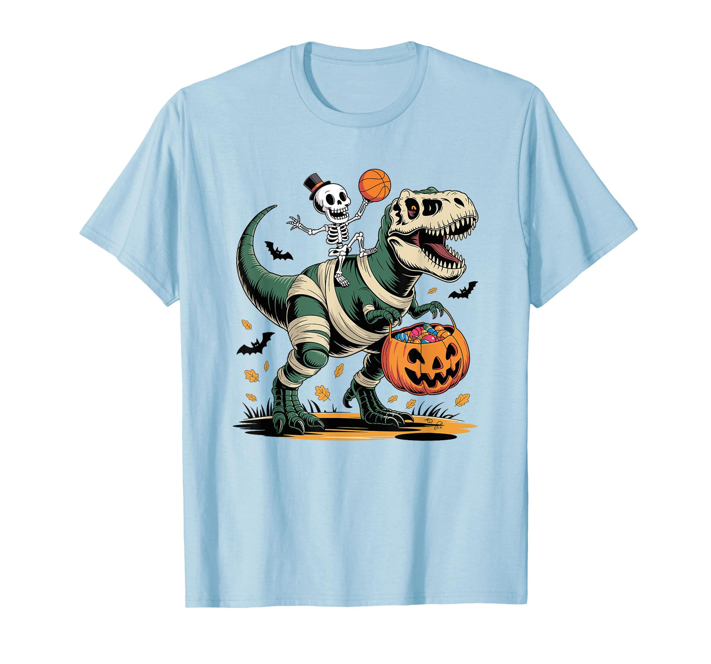 Basketball Skeleton Riding Mummy Dinosaur T-Rex Halloween T-Shirt