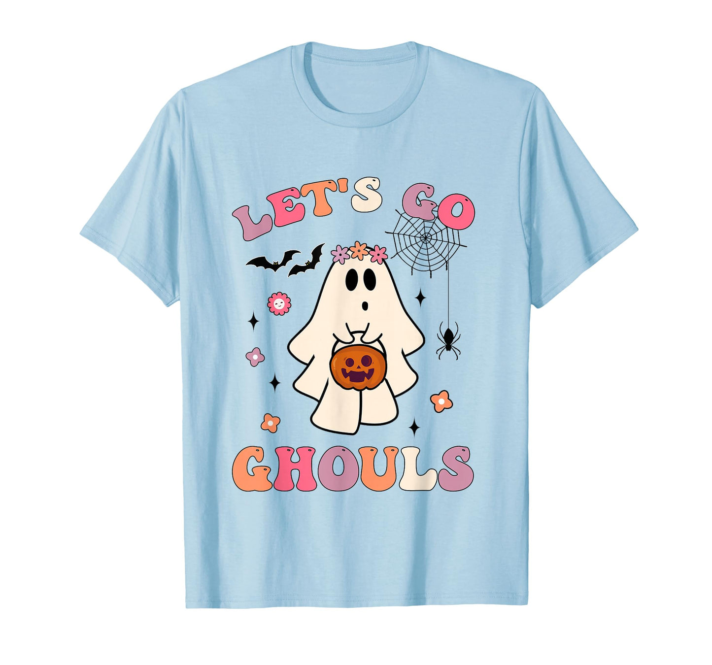 Halloween Ghost Holding Pumpkin Retro Groovy Let's Go Ghouls T-Shirt