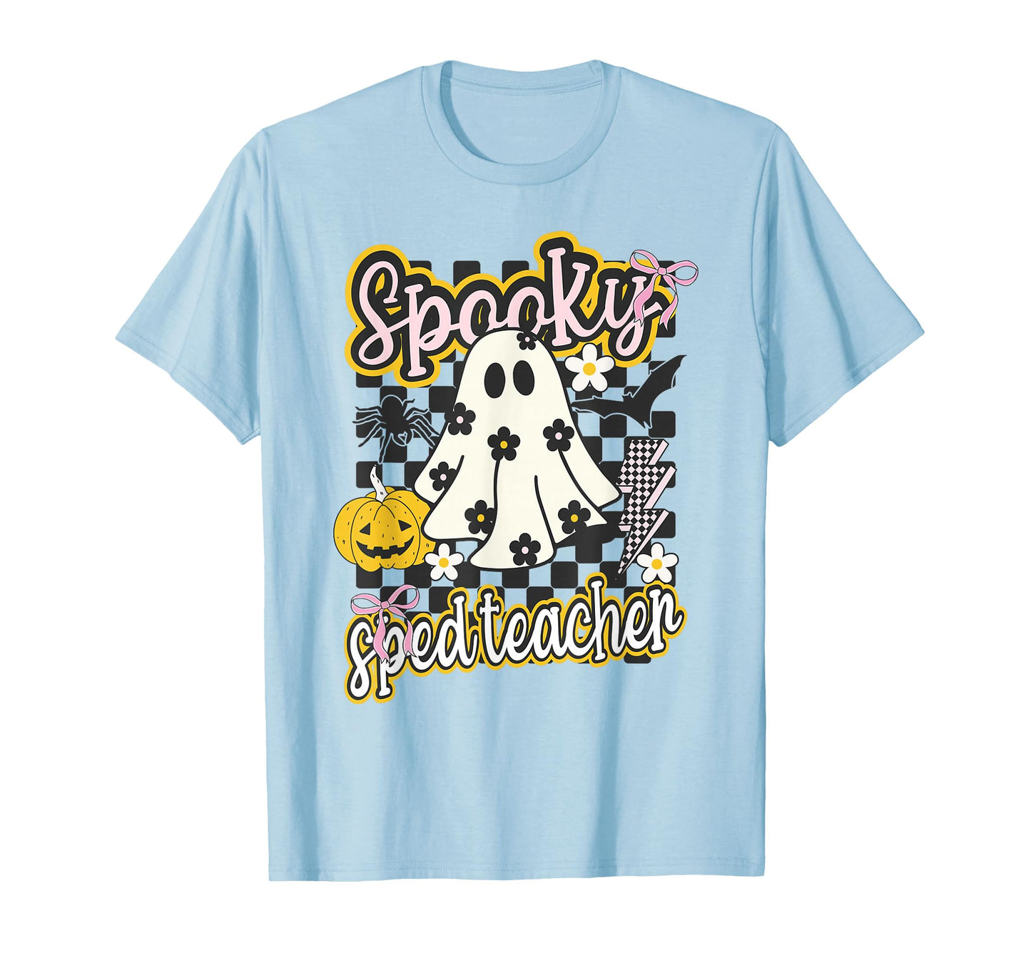 Spooky Sped Teacher Groovy Preppy Halloween Ghost Checkered T-Shirt