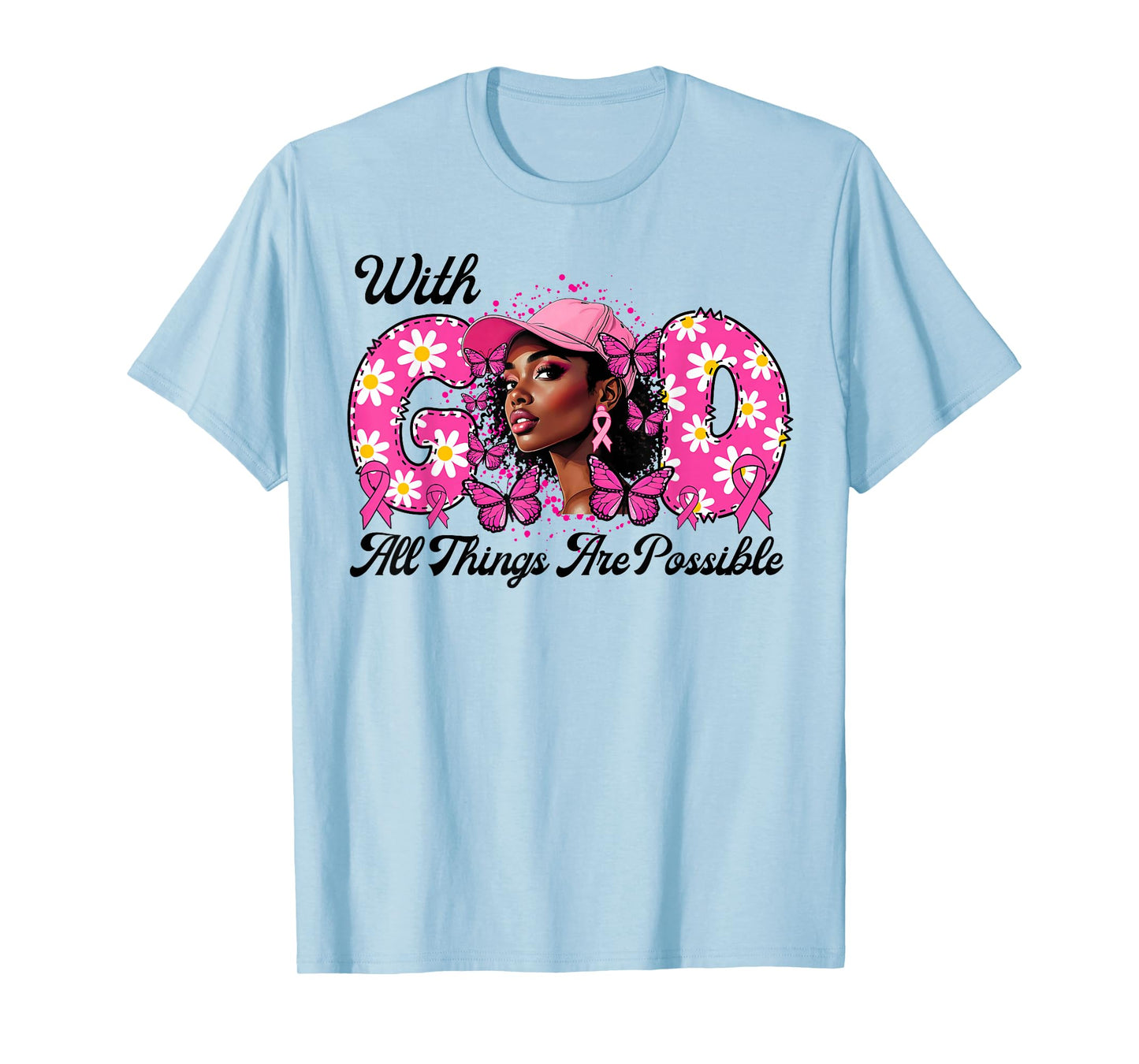 Black Afro Women Butterflies Breast Cancer Awareness Support T-Shirt