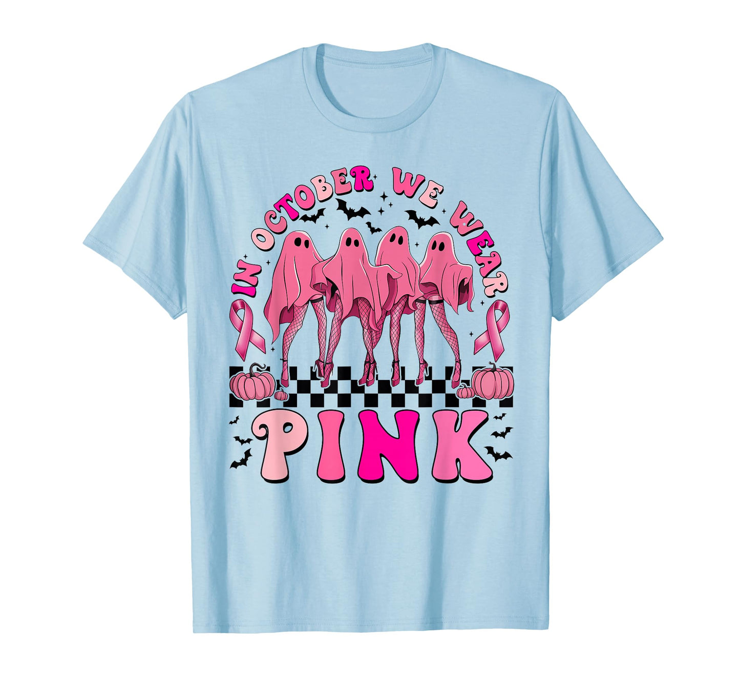 In October We Wear Pink Ribbon Breast Cancer Ghost Halloween T-Shirt