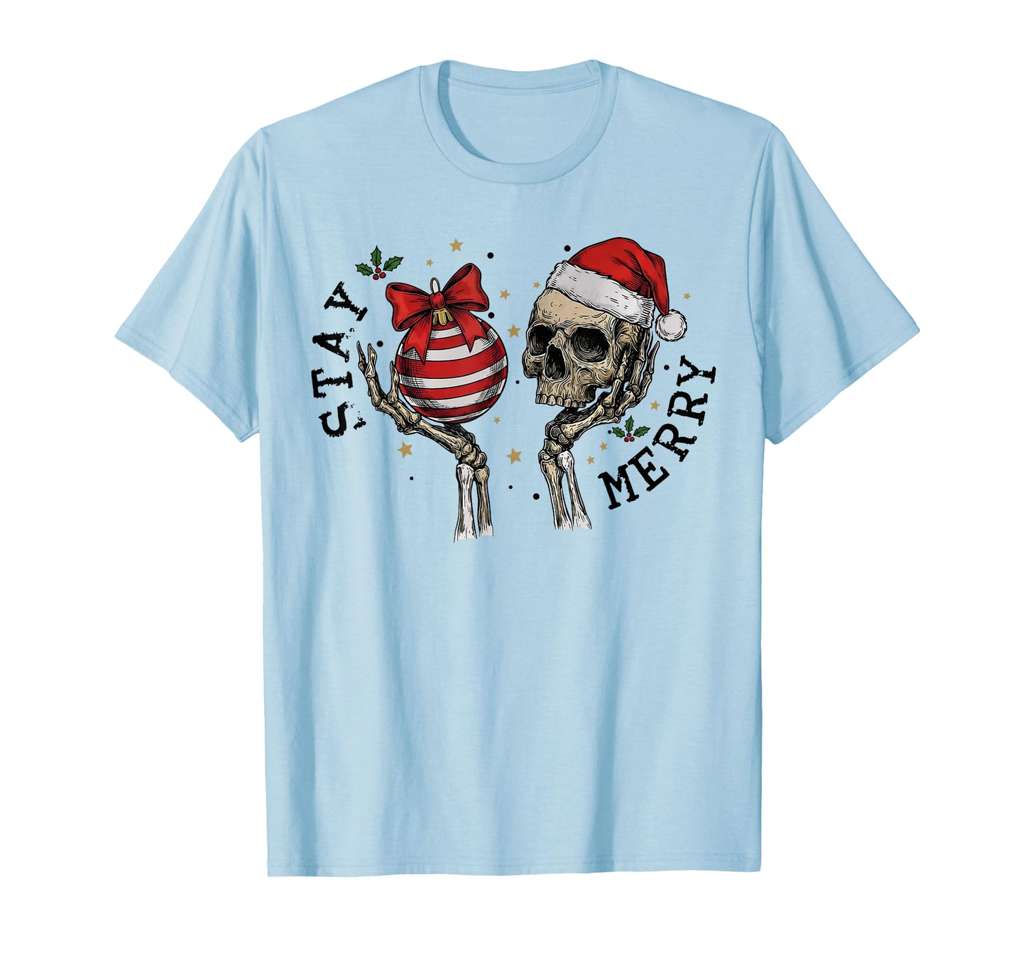 Retro Stay Merry Skeleton Santa Christmas Xmas Pajamas T-Shirt