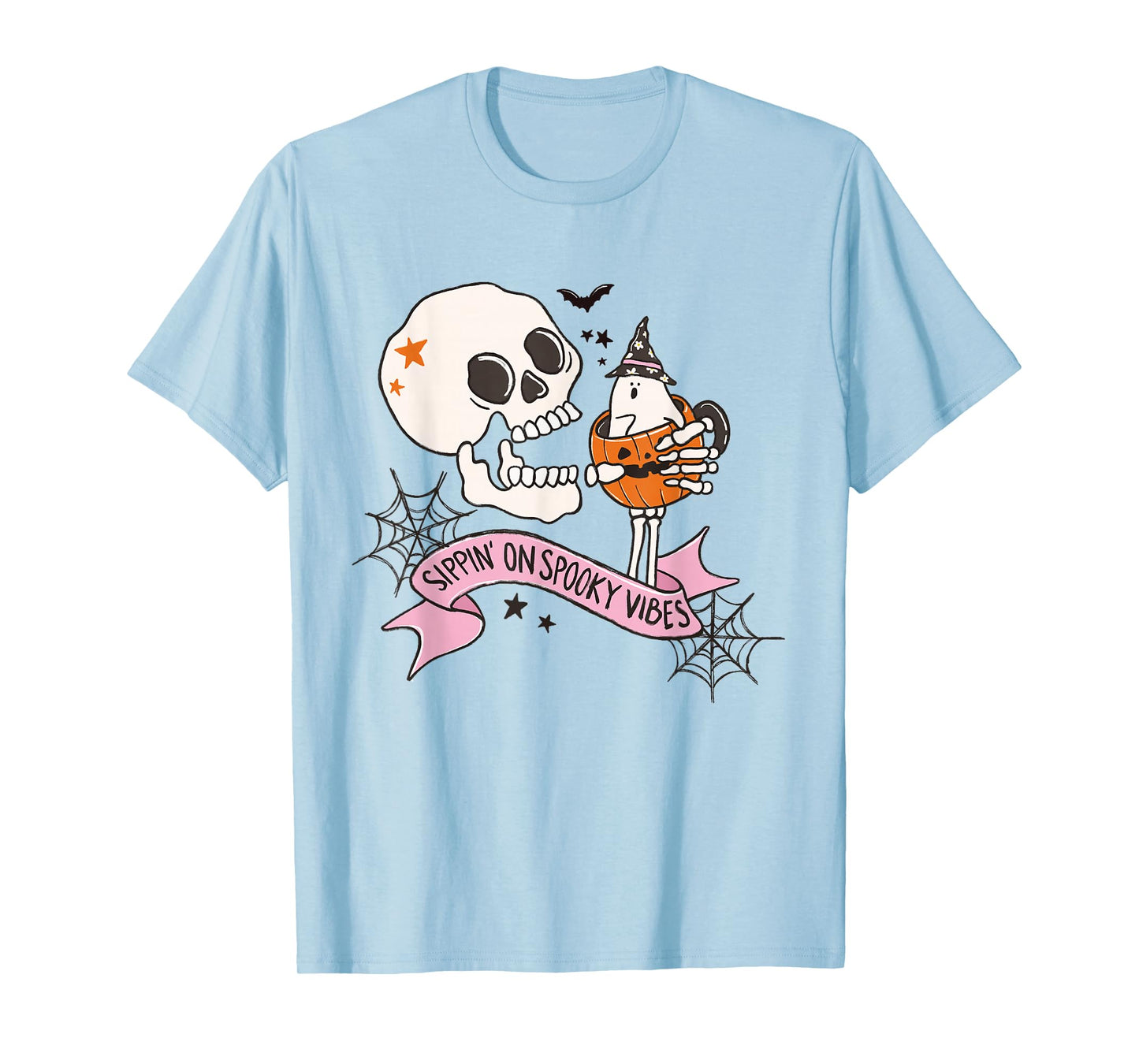Sippin On Spooky Vibes Skull Ghost Pumpkin Coffee Halloween T-Shirt