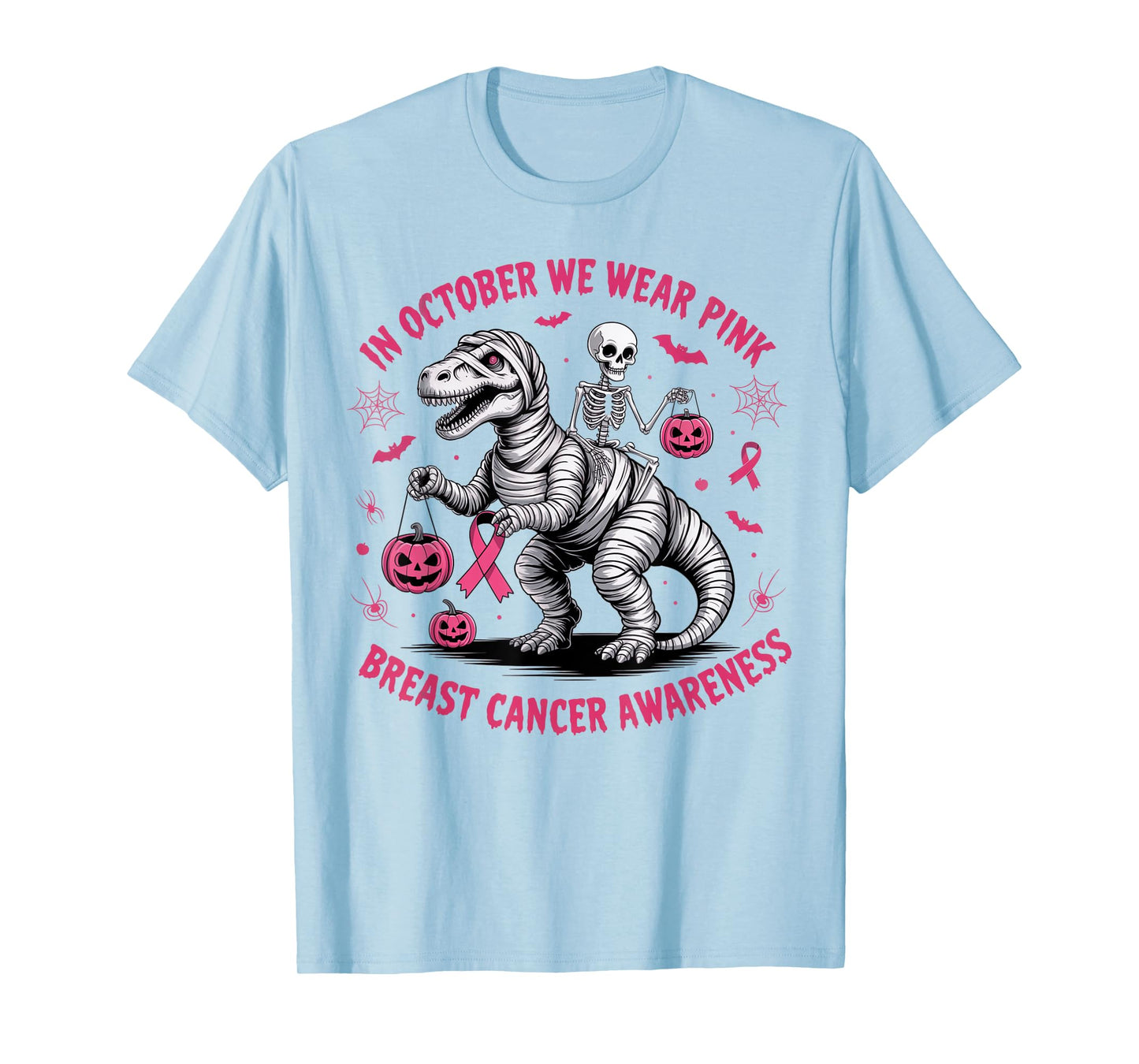 in October We Wear Pink Dinosaur Skeleton Breast Cancer T-Shirt