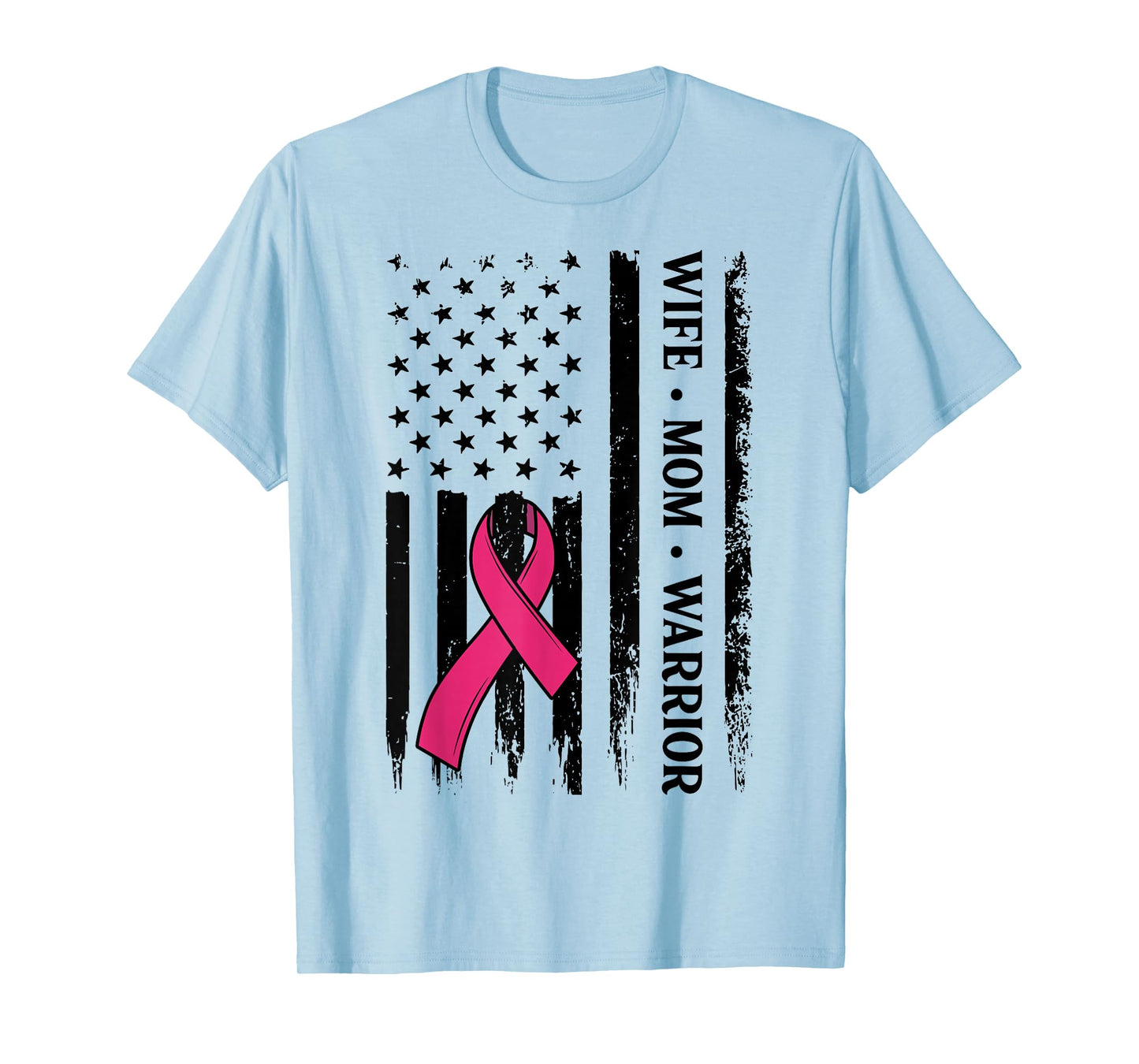 Breast Cancer Awareness Wife Mom Warrior US Flag Pink Ribbon T-Shirt
