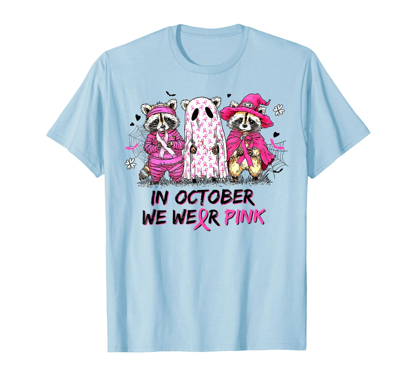 in October We Wear Pink Raccoon Breast Cancer Awareness T-Shirt