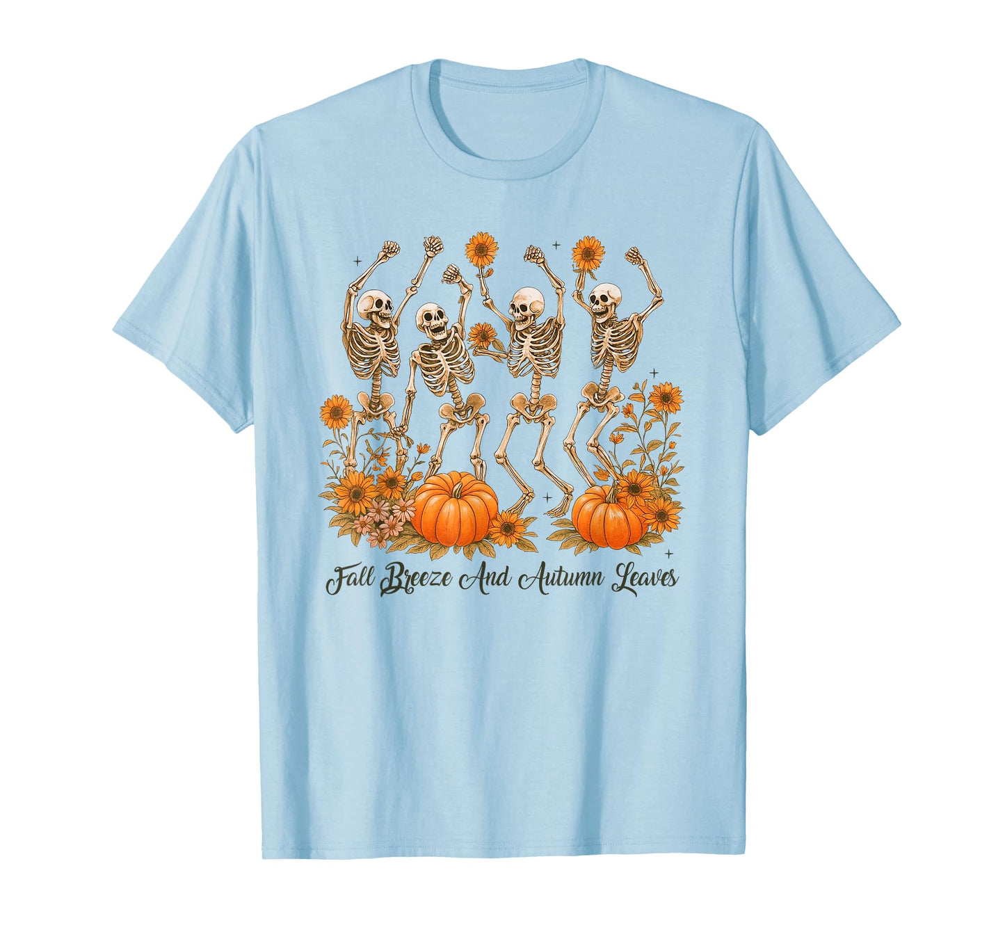 Fall Breeze and Autumn Leaves Dancing Skeleton Halloween T-Shirt