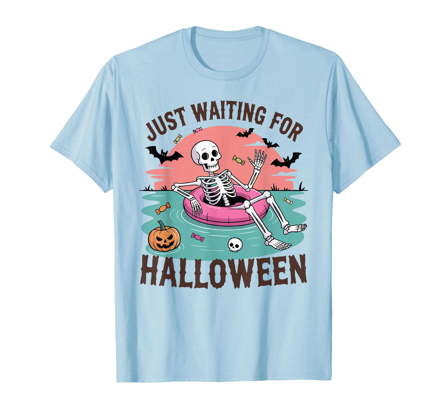 Just Waiting for Halloween Costume Summerween Skeleton Funny T-Shirt