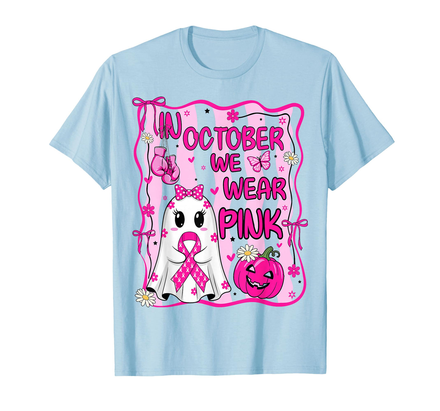 October We Wear Pink Breast Cancer Ghost Halloween Pumpkin T-Shirt