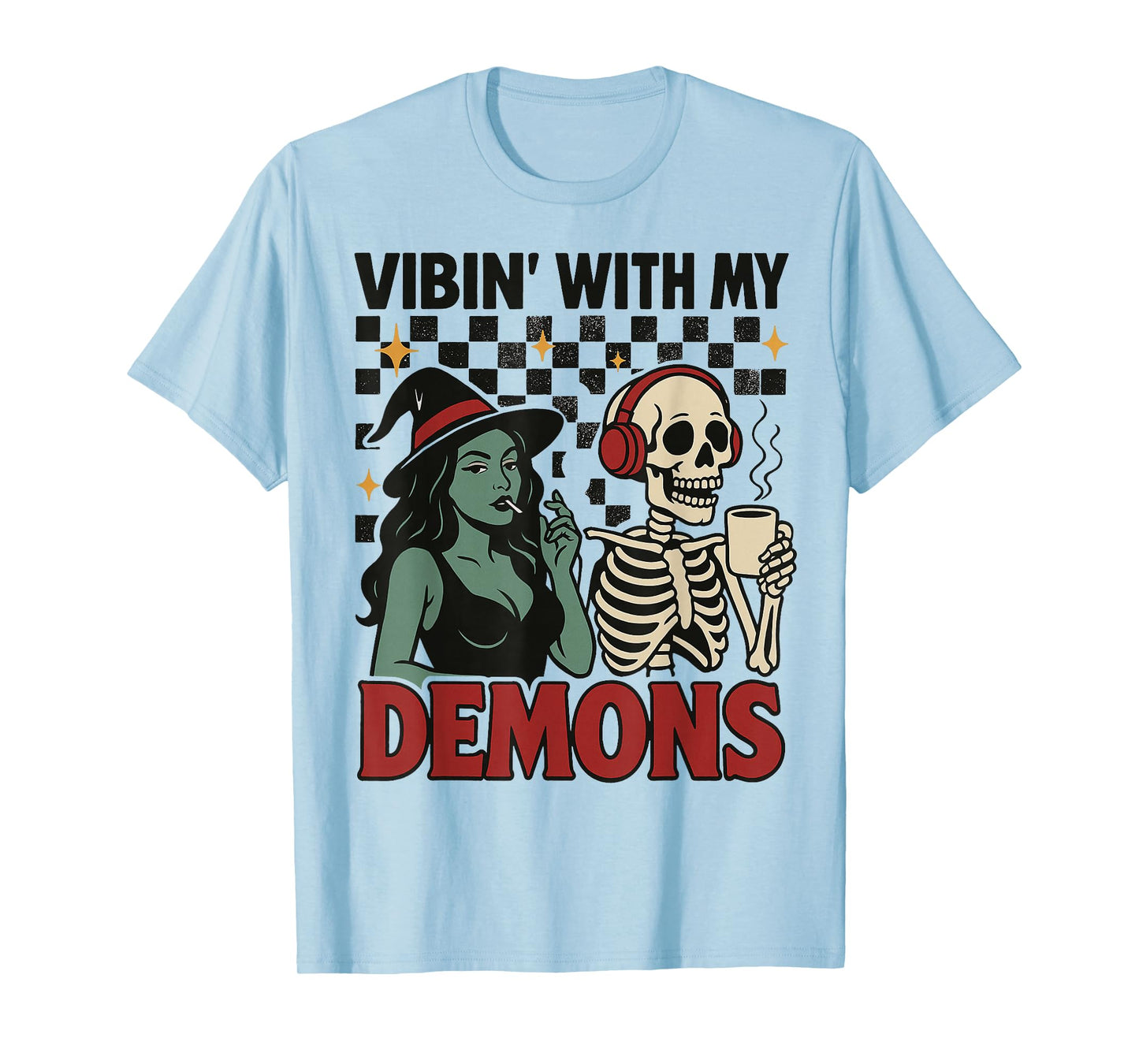 Vibin' with My Demons, Retro Witch and Skeleton Halloween T-Shirt