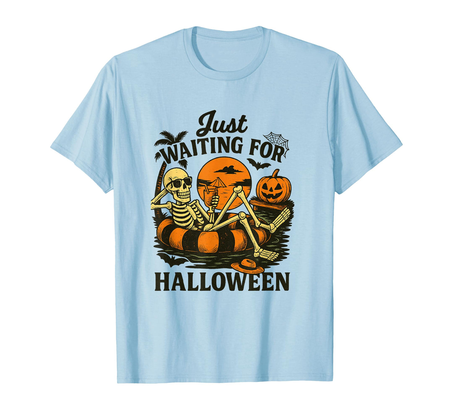 Just Waiting for Halloween Skeleton Pool Party Funny Tee T-Shirt