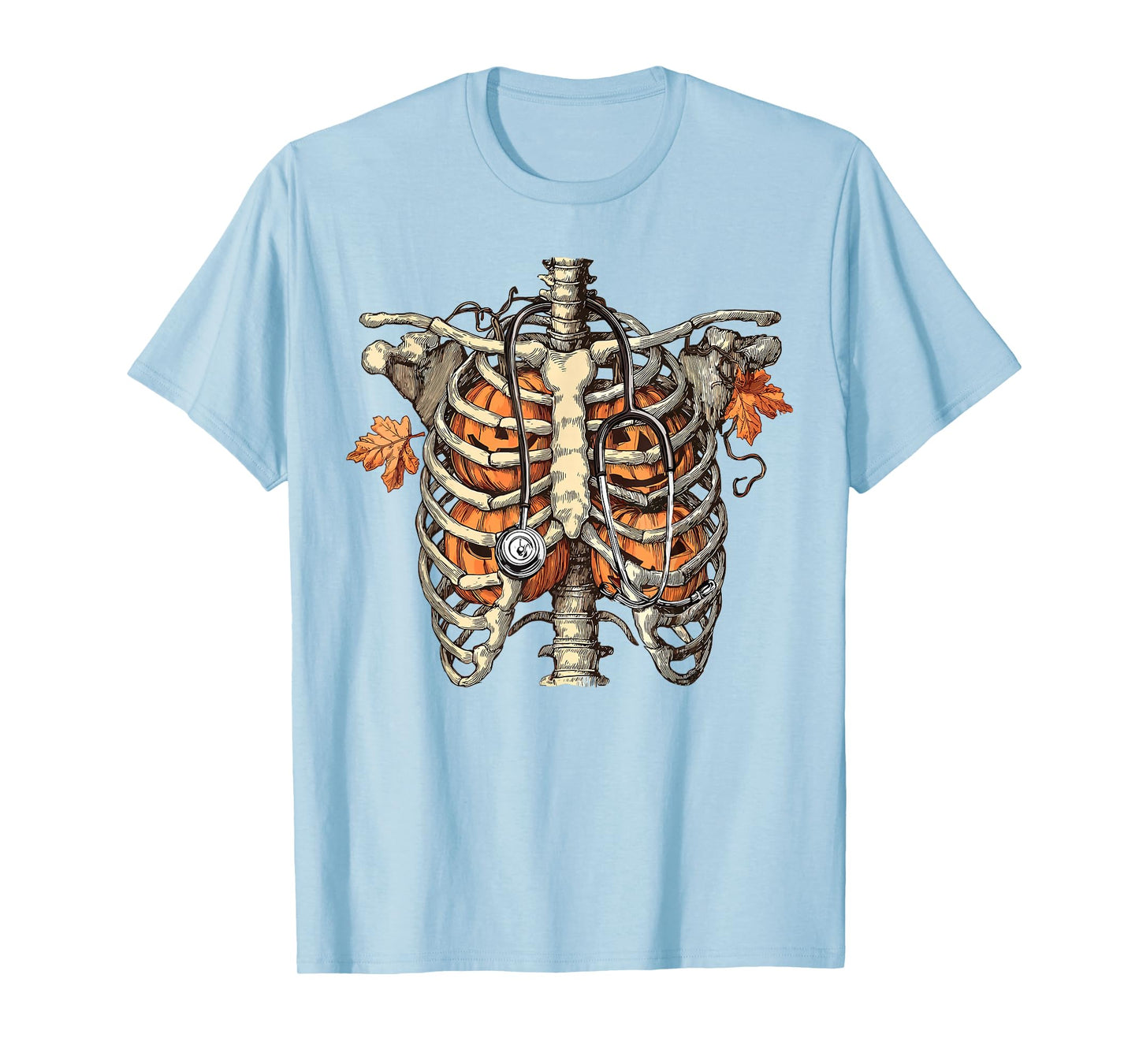 Skeleton Ribcage Pumpkin Stethoscope Halloween Nurse Costume T-Shirt