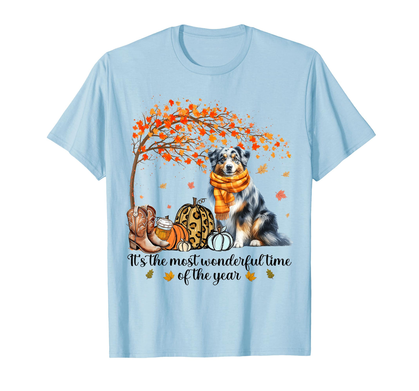 Fall Maple Tree Print Dog Lover Happy Thanksgiving Australian Shepherd Autumn Fall T-Shirt