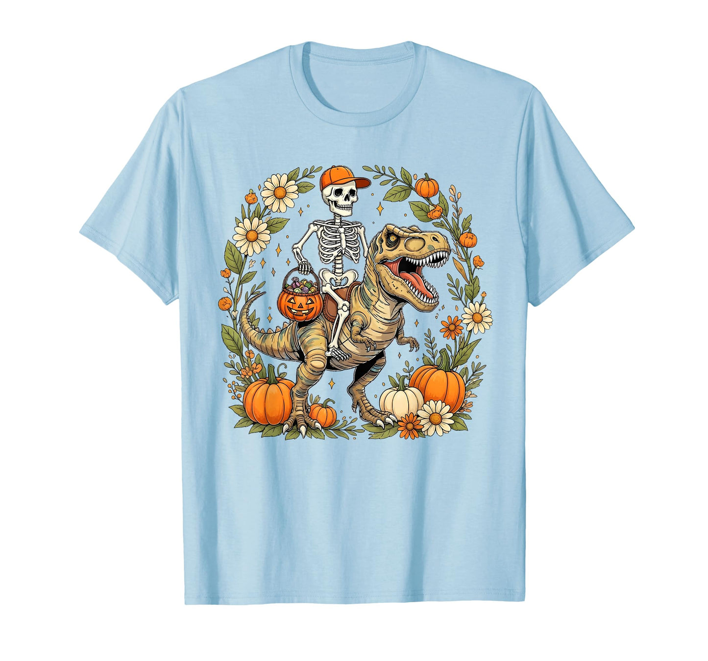 Halloween Skeleton Dinosaur Pumpkin Floral Fall Design Women T-Shirt