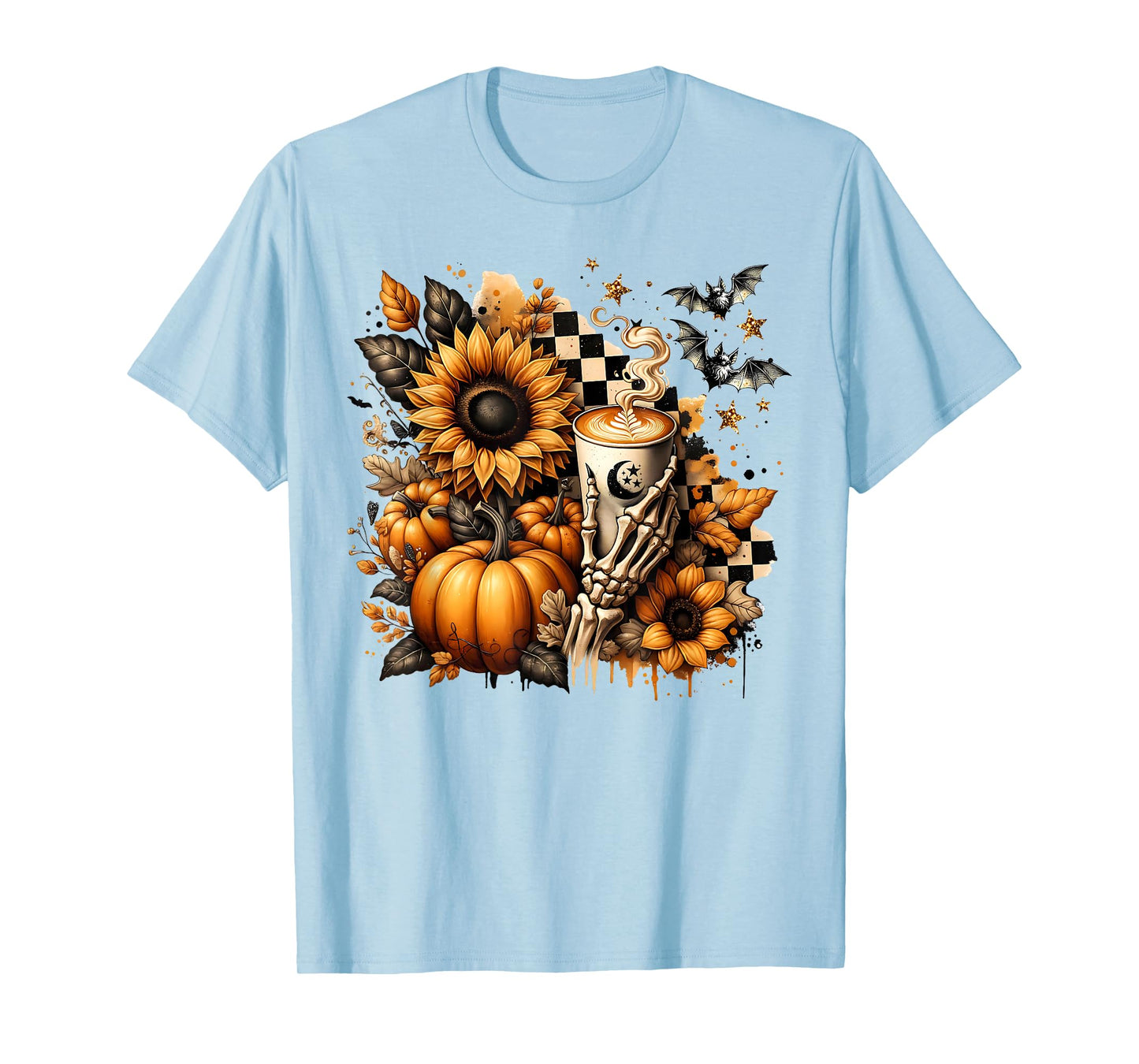 Skeleton Coffee Fall Halloween Pumpkin Spice Latte Sunflower T-Shirt