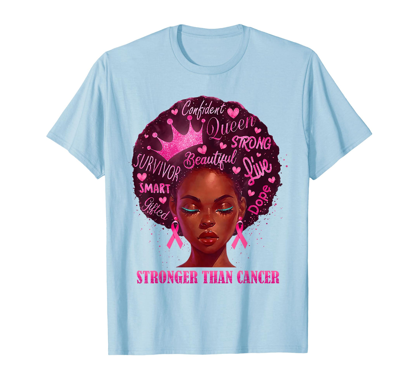 Black Women Queen Stronger Than Breast Cancer Pink Ribbon T-Shirt