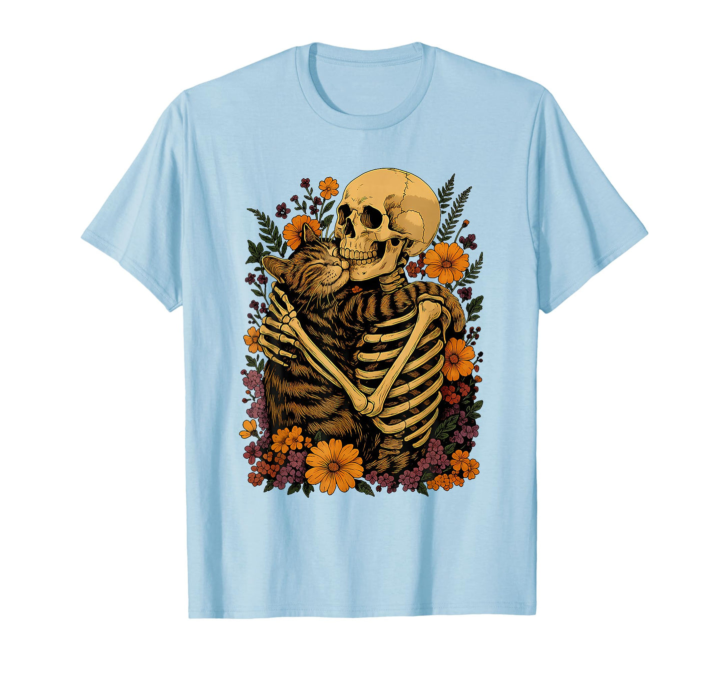 Retro Halloween Skeleton Hugging Cat Floral Cats Lover T-Shirt