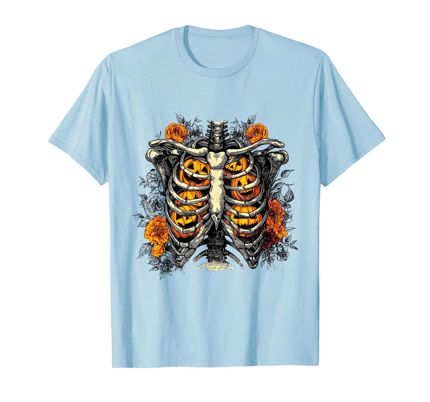 Floral Ribcage Pumpkins Skeleton Fall Halloween T-Shirt
