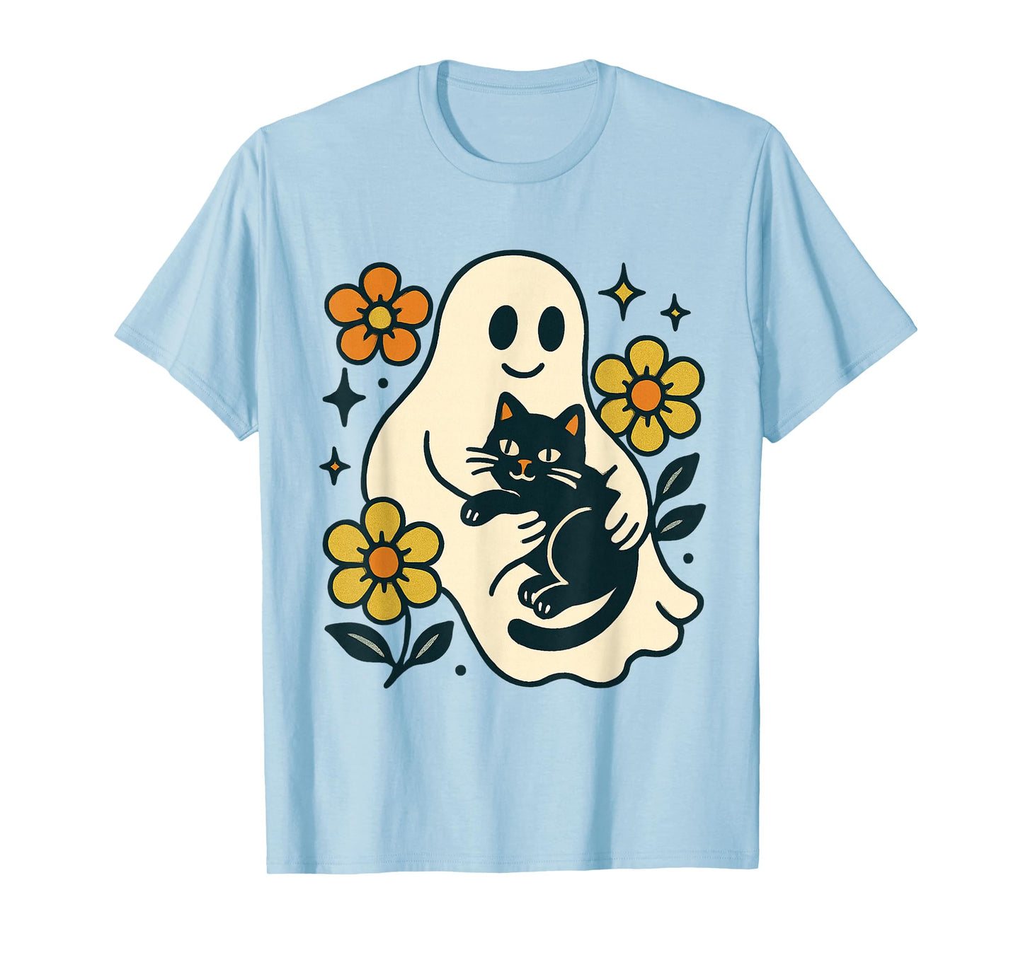Vintage Halloween Ghost Holding Black Cat Groovy Floral T-Shirt