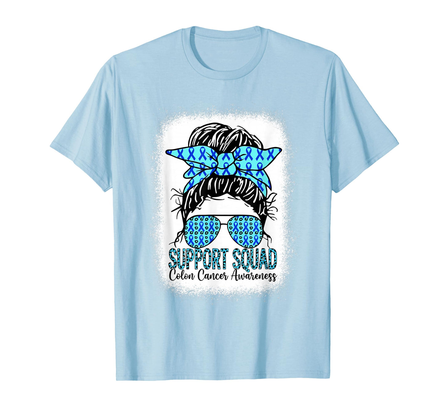 Support Squad Messy Bun Blue Ribbon Colon Cancer Awareness T-Shirt