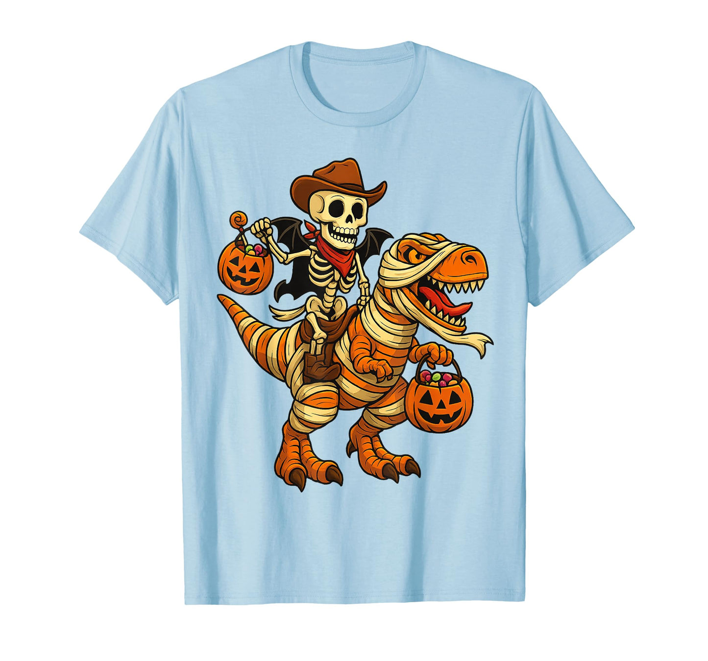 Skeleton Riding Mummy Dinosaur T rex Halloween Funny Pumpkin T-Shirt