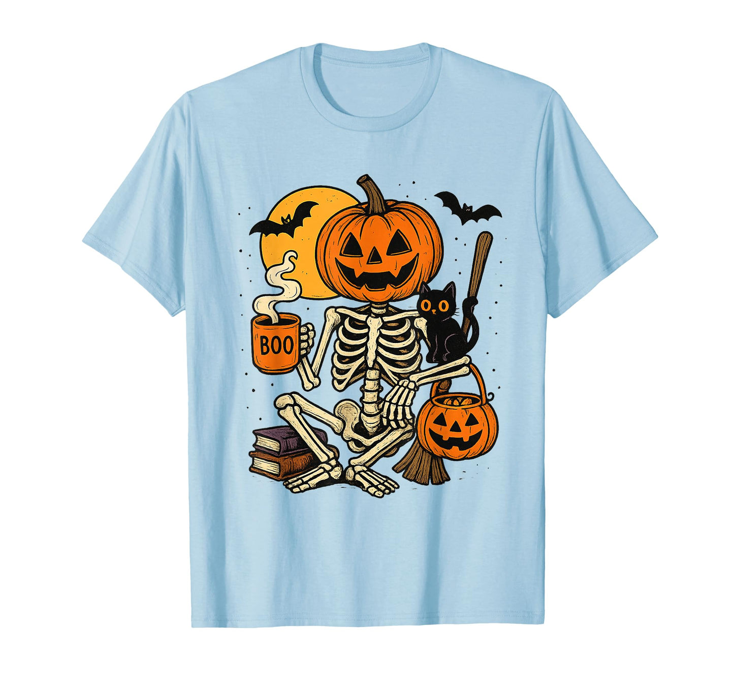 Spooky Cozy Pumpkin Skeleton Cat Coffee Trick or Treat T-Shirt