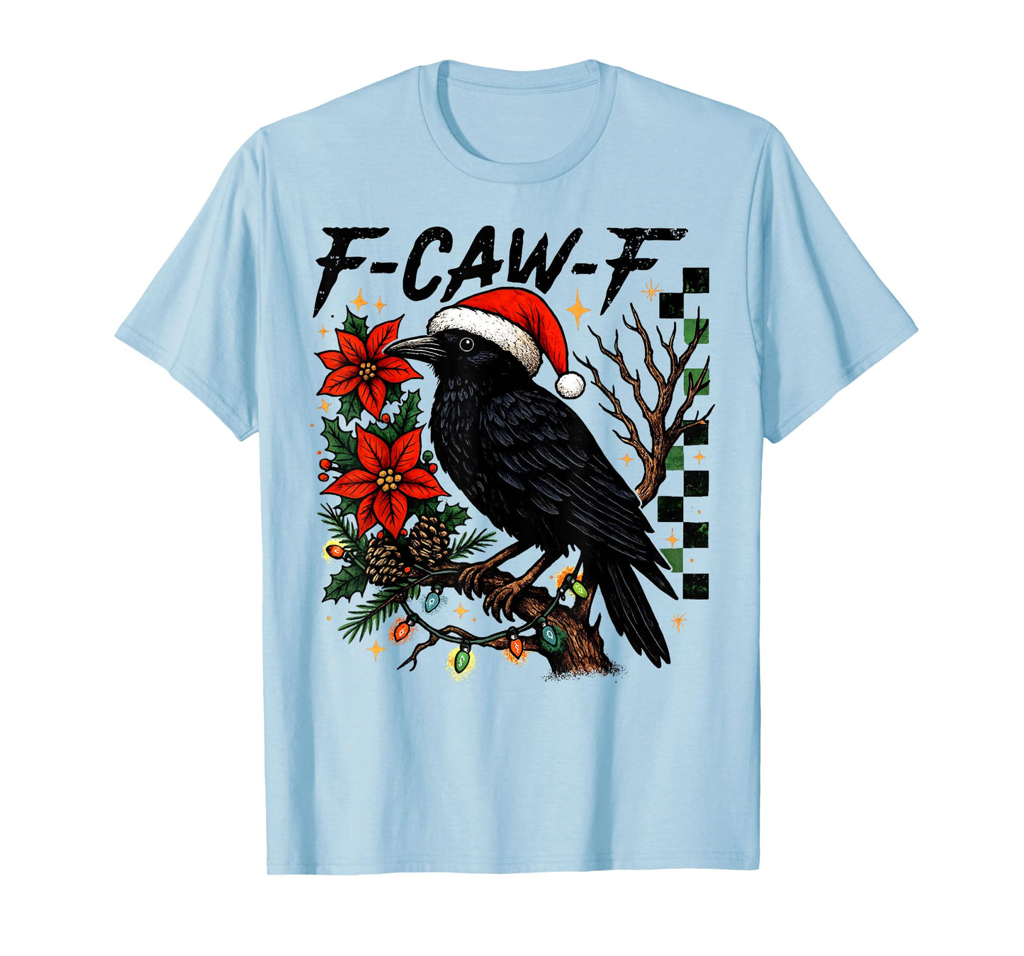 Black Crow F-Caw-F Funny Retro Christmas Lights Santa Hat T-Shirt