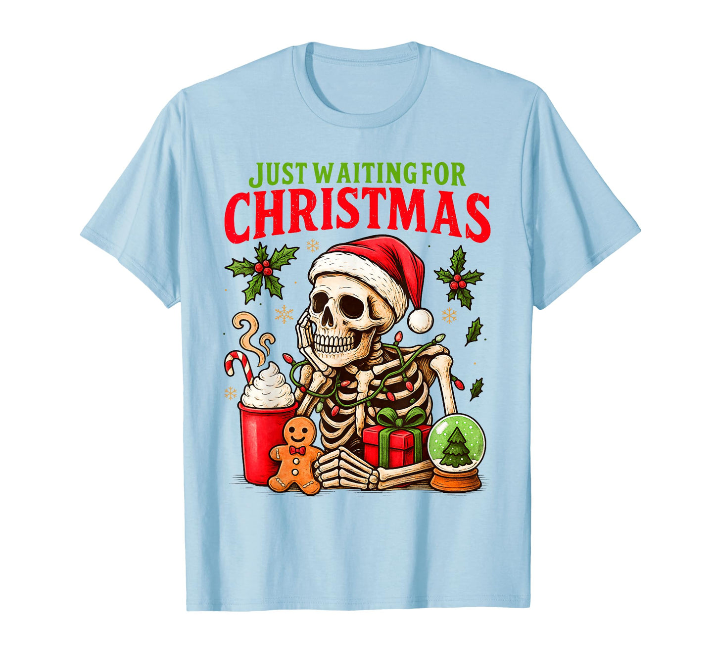 Just Waiting for Christmas Holiday Santa Claus Skeleton T-Shirt