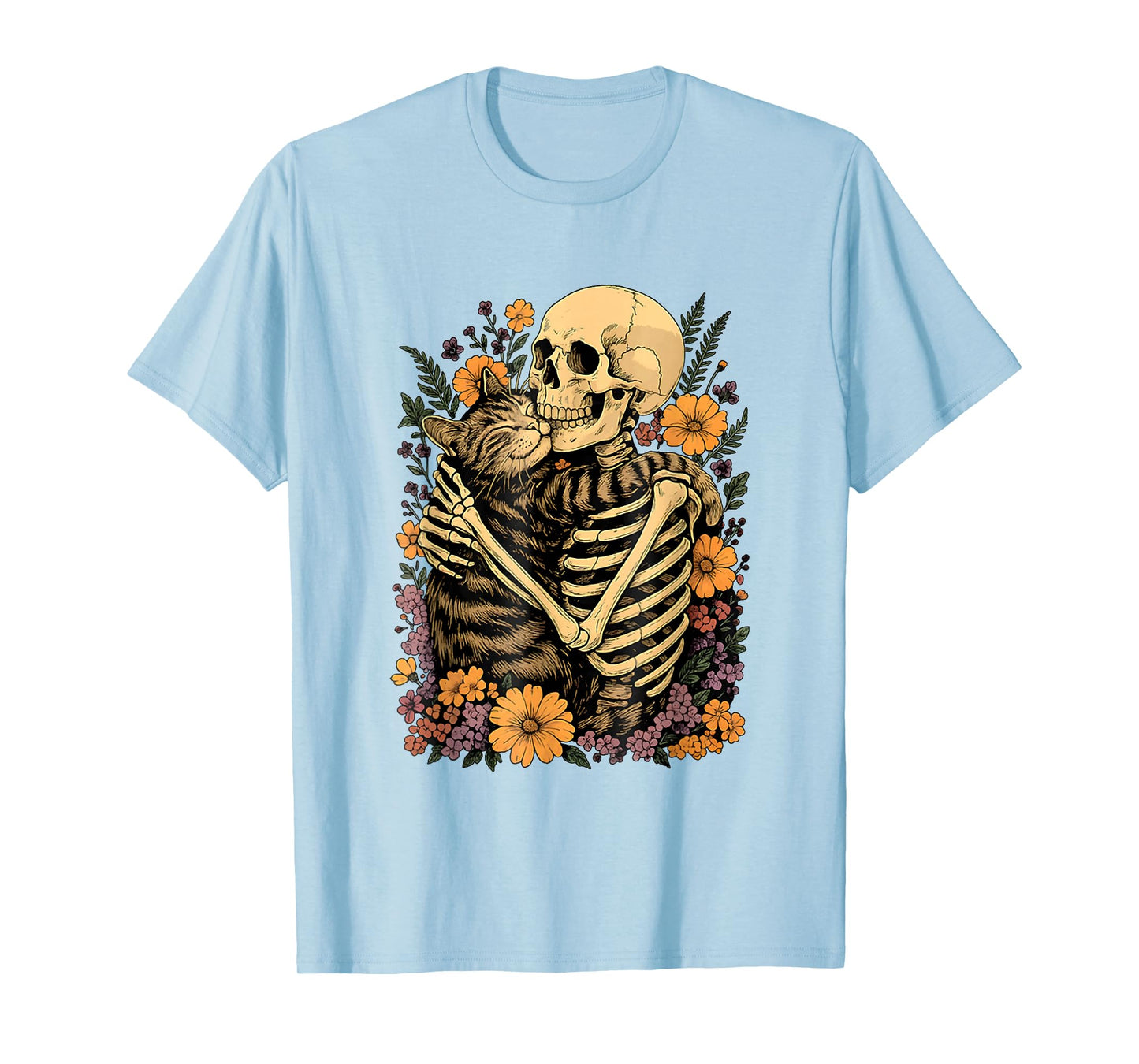 Floral Funny Skeleton Hugging Cat Halloween Spooky Season T-Shirt