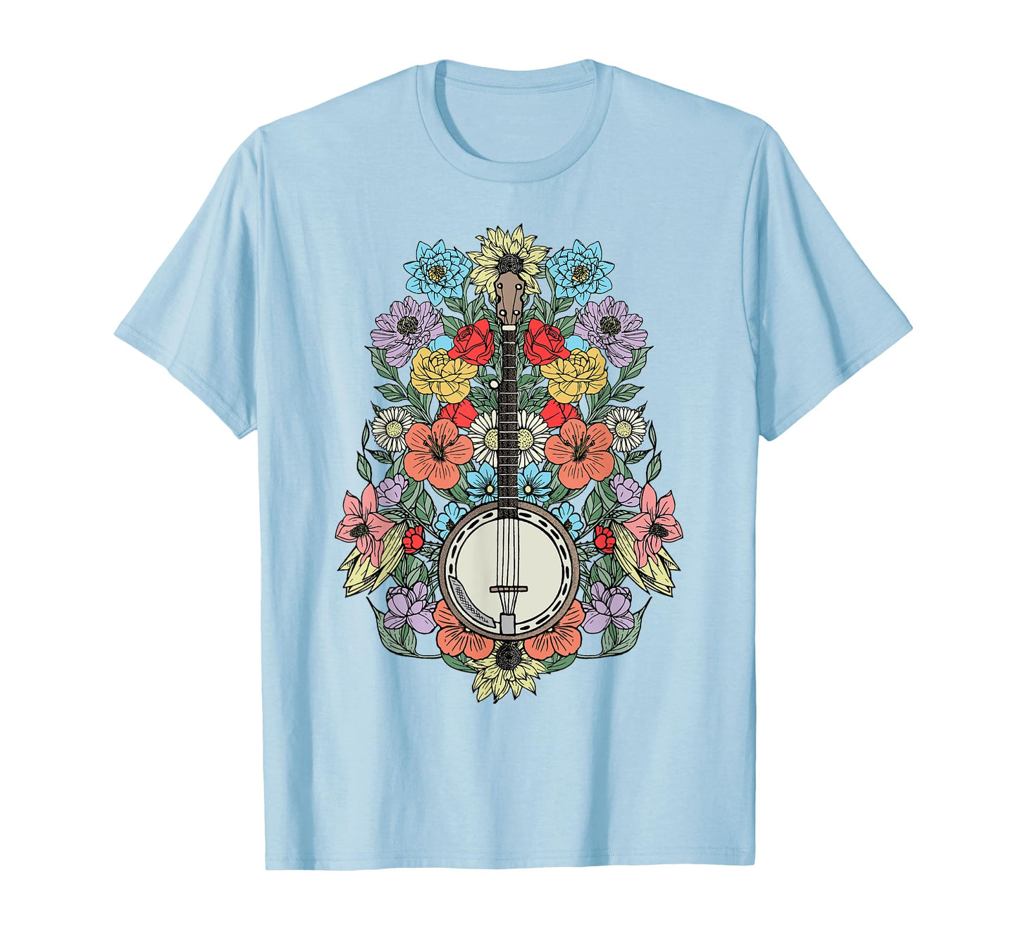 Banjo Flowers Vintage Stringed Bluegrass Folk Floral Design T-Shirt