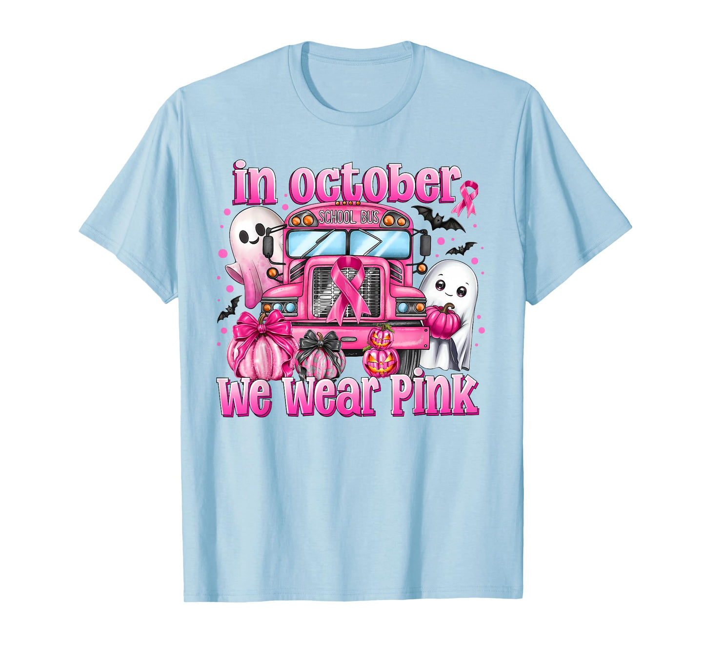 in October We Wear Pink School Bus Breast Cancer Awareness T-Shirt