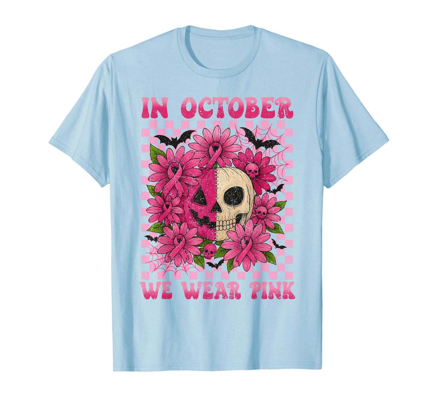 October We Wear Pink Breast Cancer Skull Jack O Latern T-Shirt