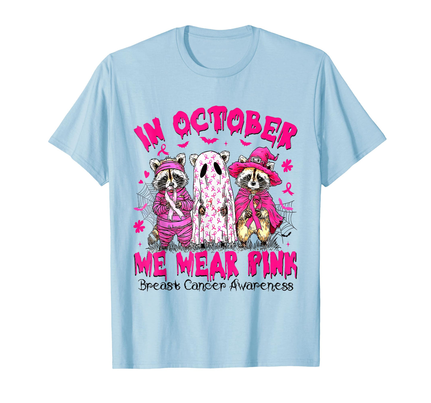 in October We Wear Pink Raccoon Breast Cancer Awareness T-Shirt