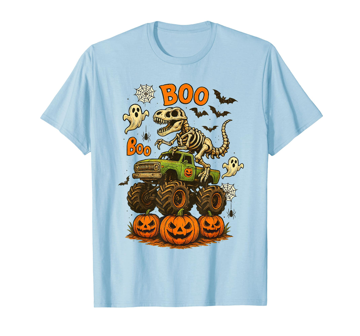 Skeleton T Rex Dinosaur Monster Truck Boo Pumpkin Halloween T-Shirt