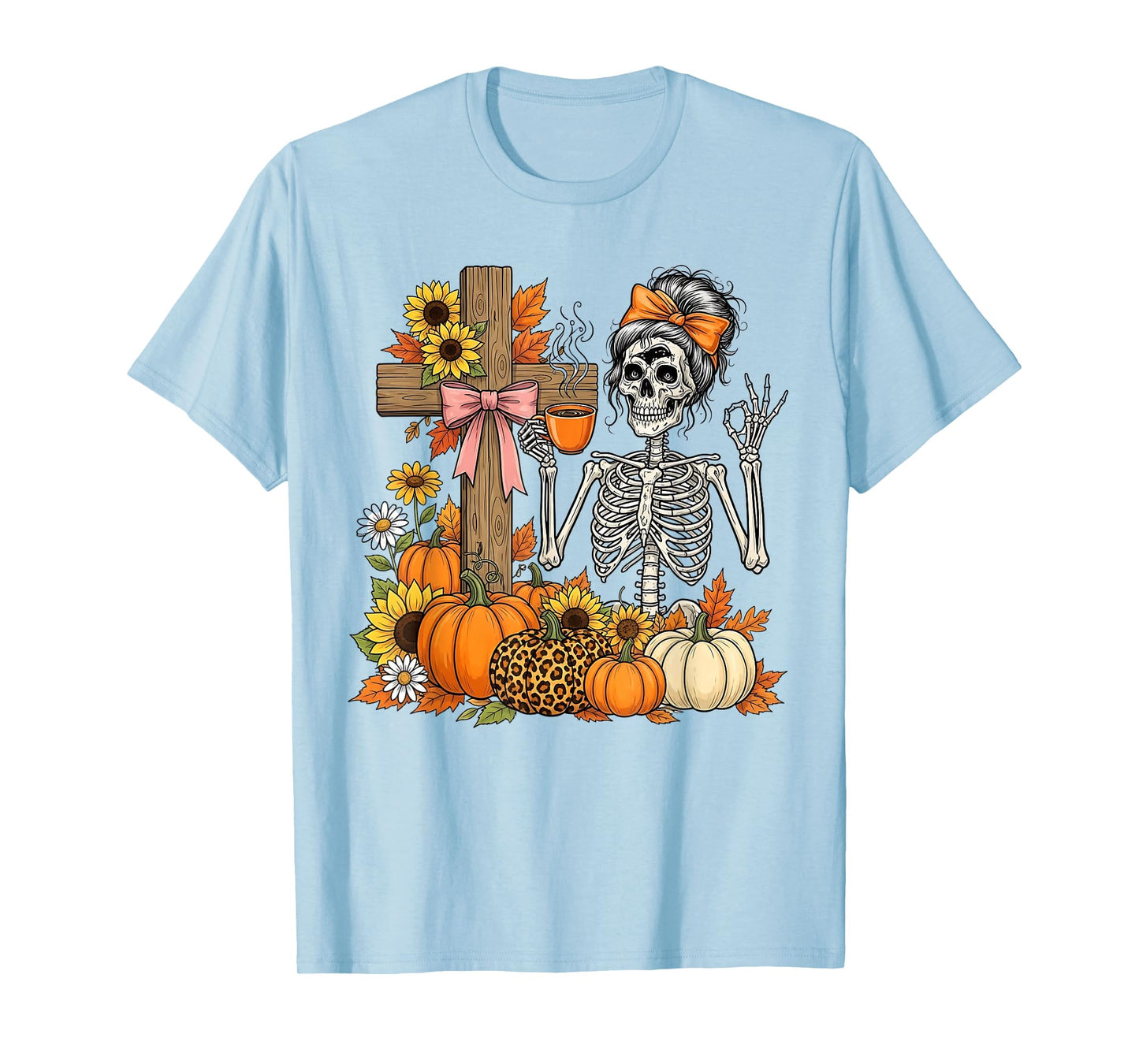Halloween Skeleton Coffee Pumpkin Sunflower Fall Women T-Shirt