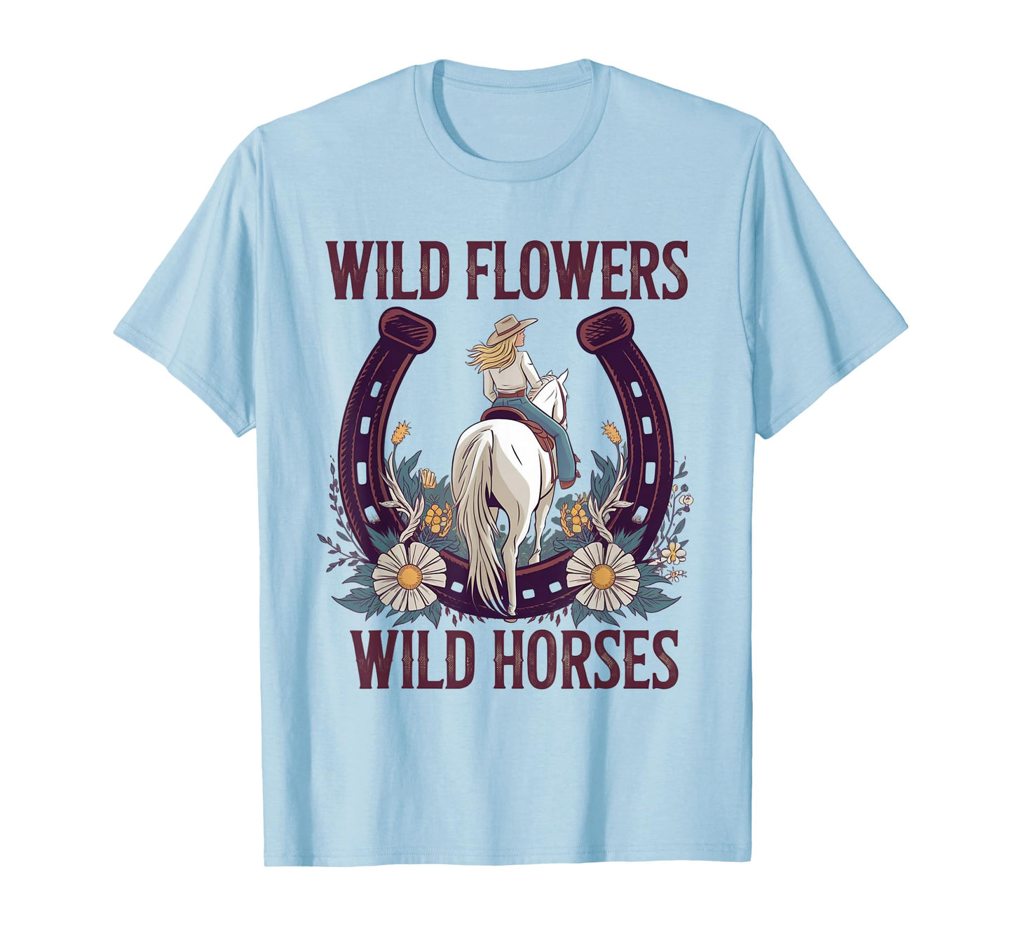 Retro Southern Sunset Cowgirl Wild Flowers - Wild Horses T-Shirt