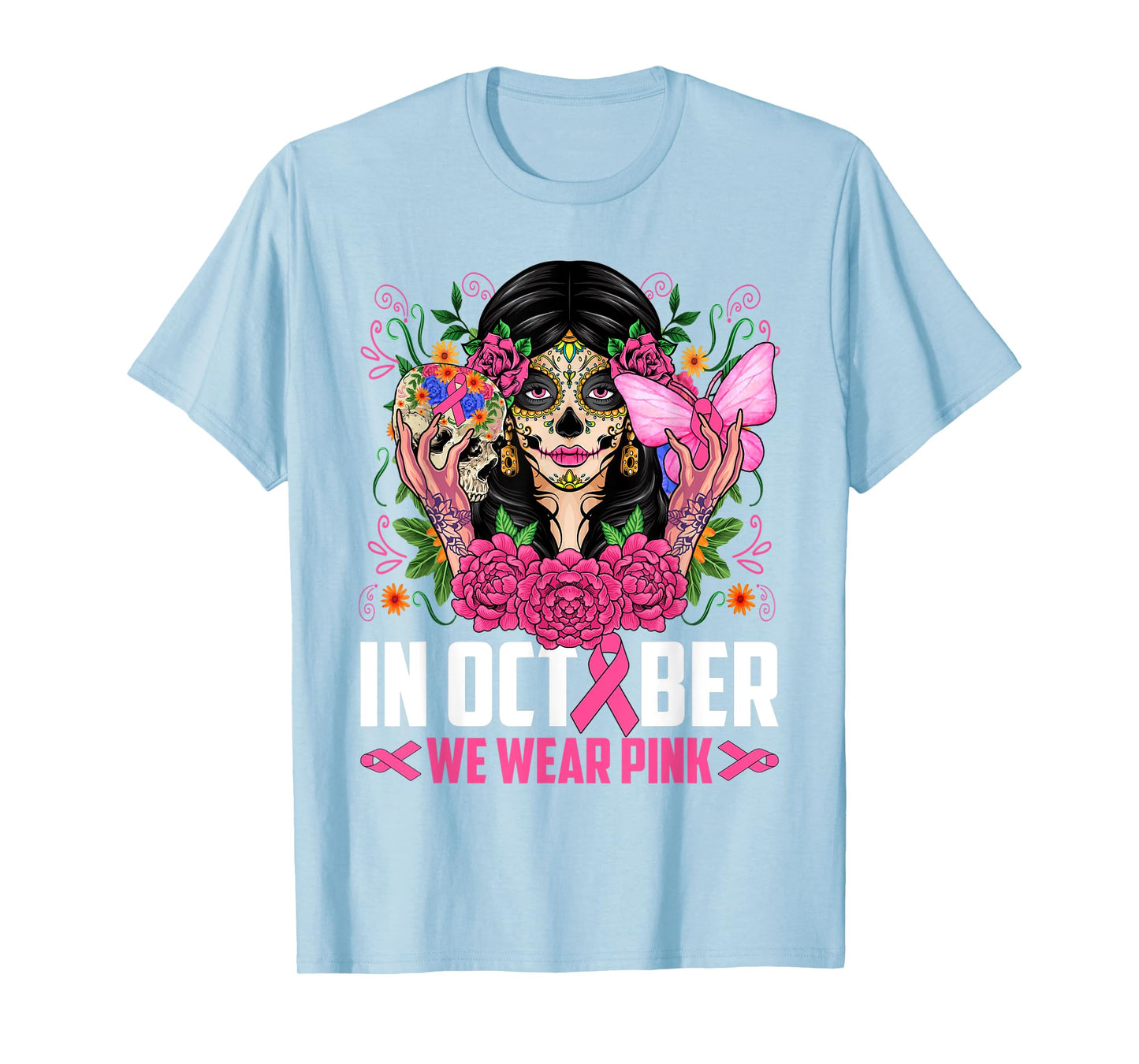 In October Wear Pink Sugar Skull Breast Cancer Halloween Day T-Shirt