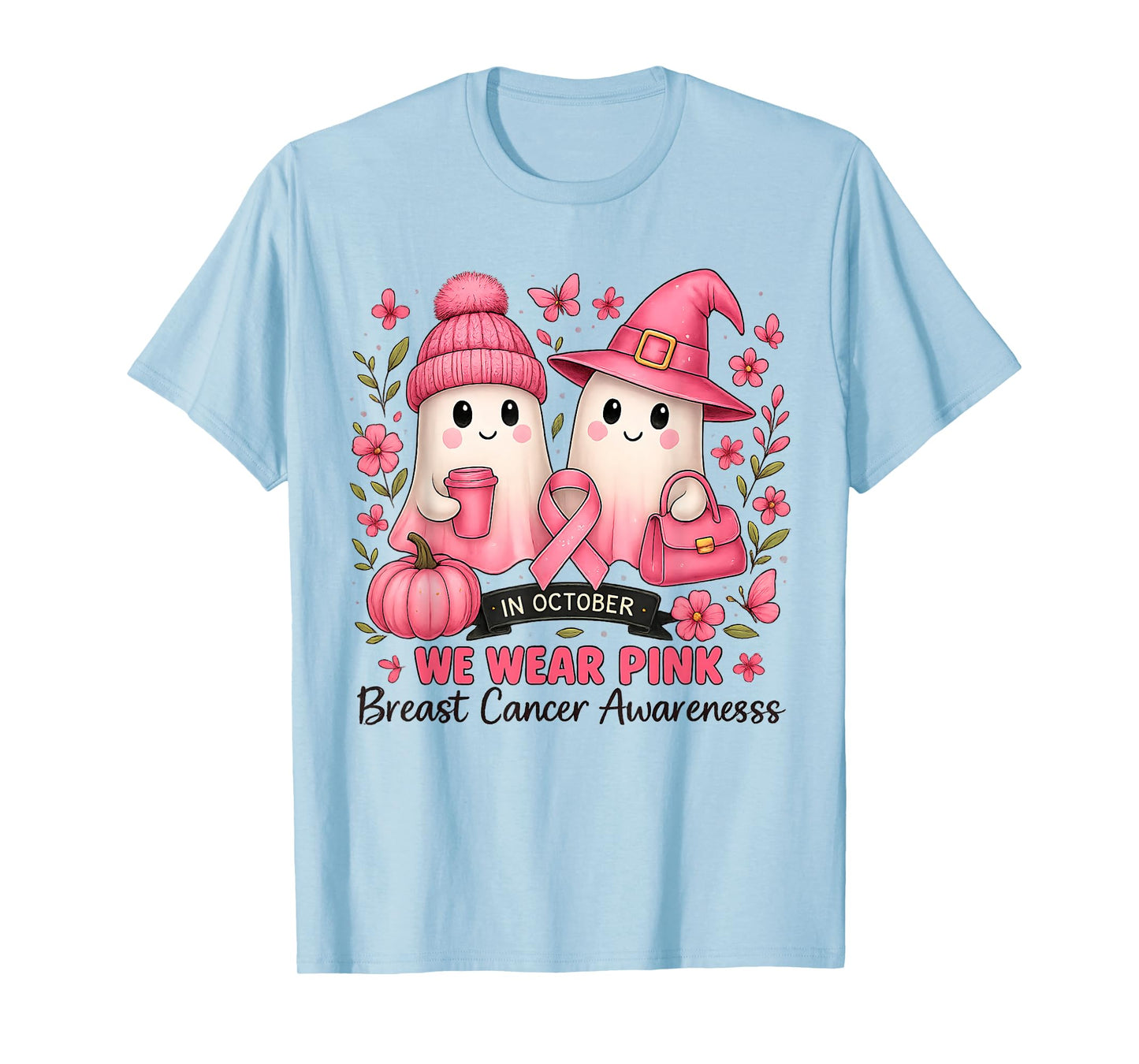 in October We Wear Pink Cute Ghost Breast Cancer Awareness T-Shirt